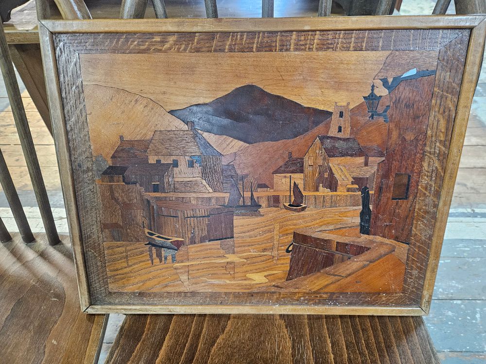 Lot 173 – A Mid-20th Century Art Deco Style Marquetry Wood Panel of a Harbour Scene