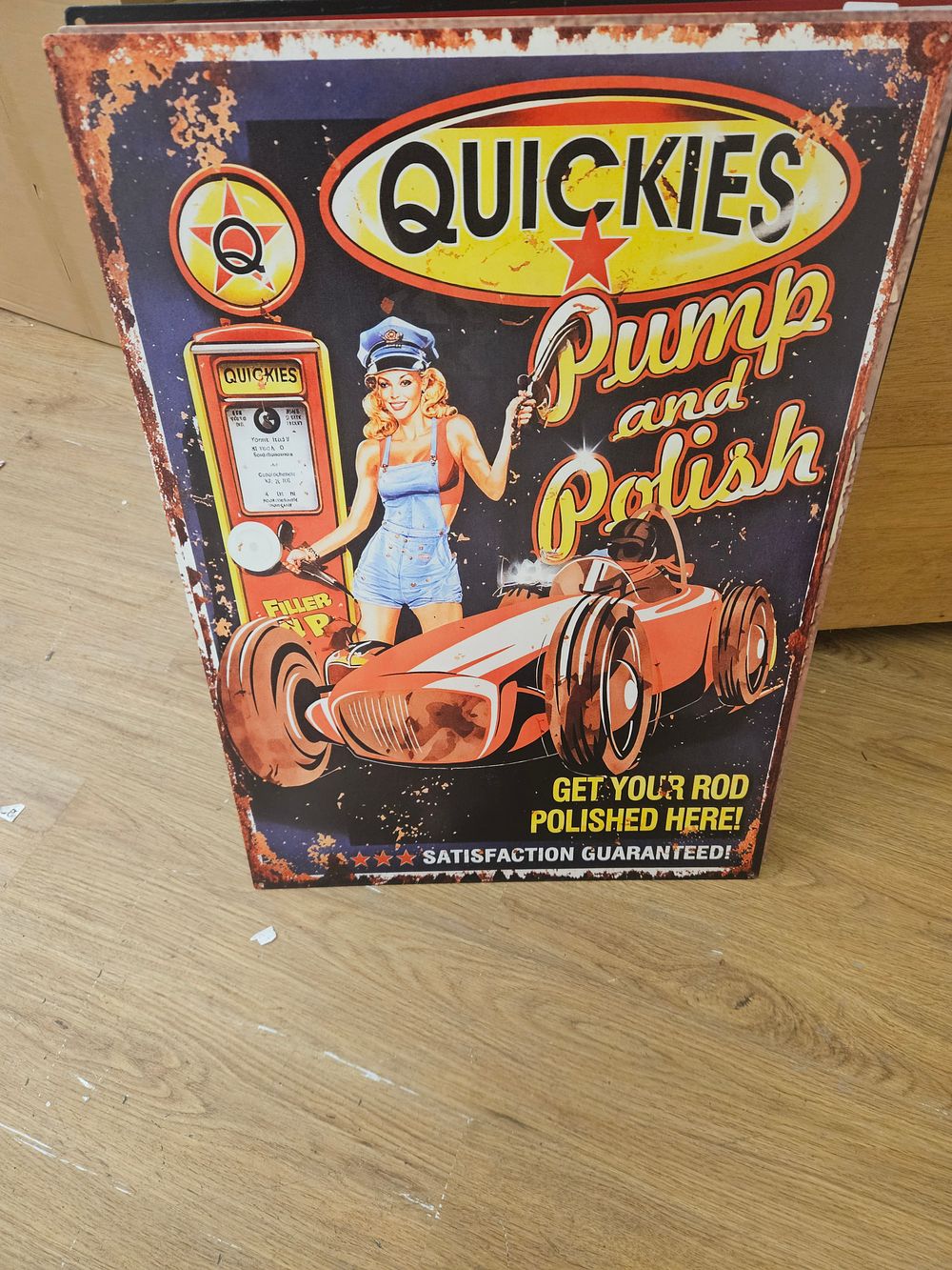 Lot 179 – A Reproduction Tin Advertising Sign for Quickies Pump and Polish