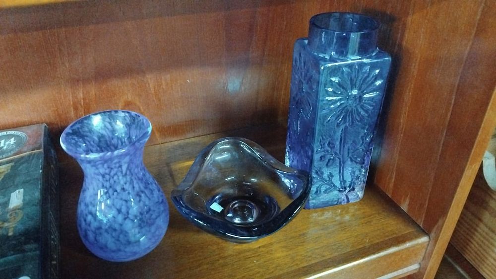 Lot 223 – A Trio of Mid-Century Decorative Glass Items including a Blue Vase in the Marguerite Pattern