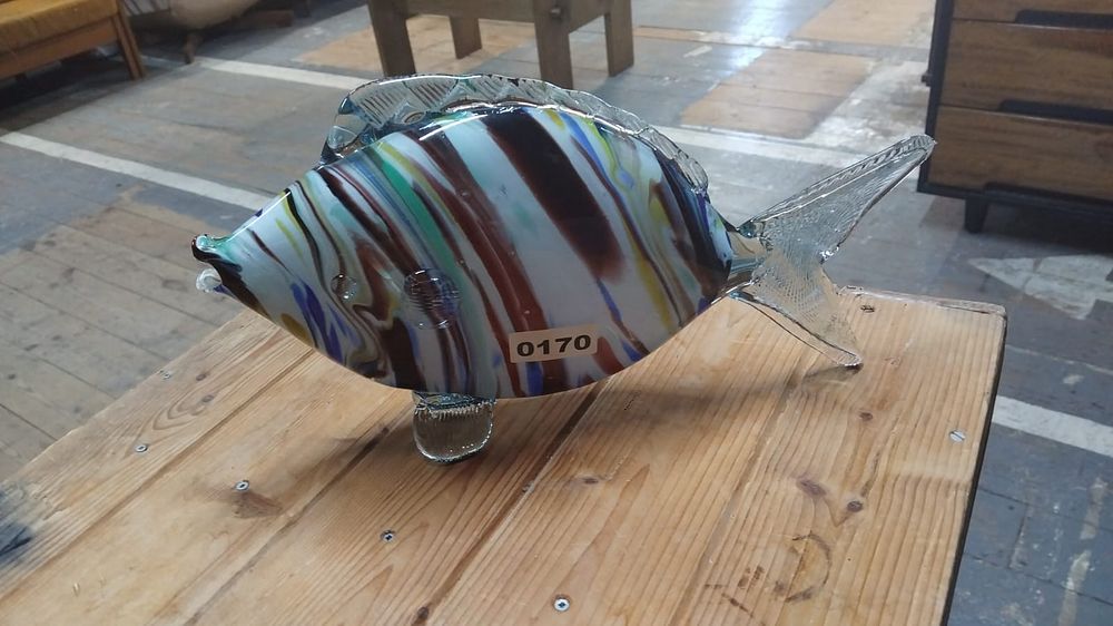 Lot 279 – A Mid-20th Century Multicoloured Striped Art Glass Fish Figurine in the Style of Murano