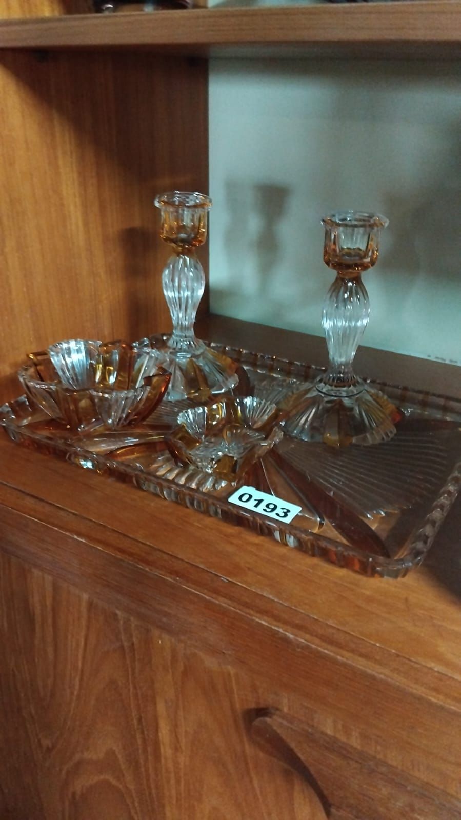 Lot 283 – An Art Deco Style Amber and Clear Pressed Glass Dressing Table Set