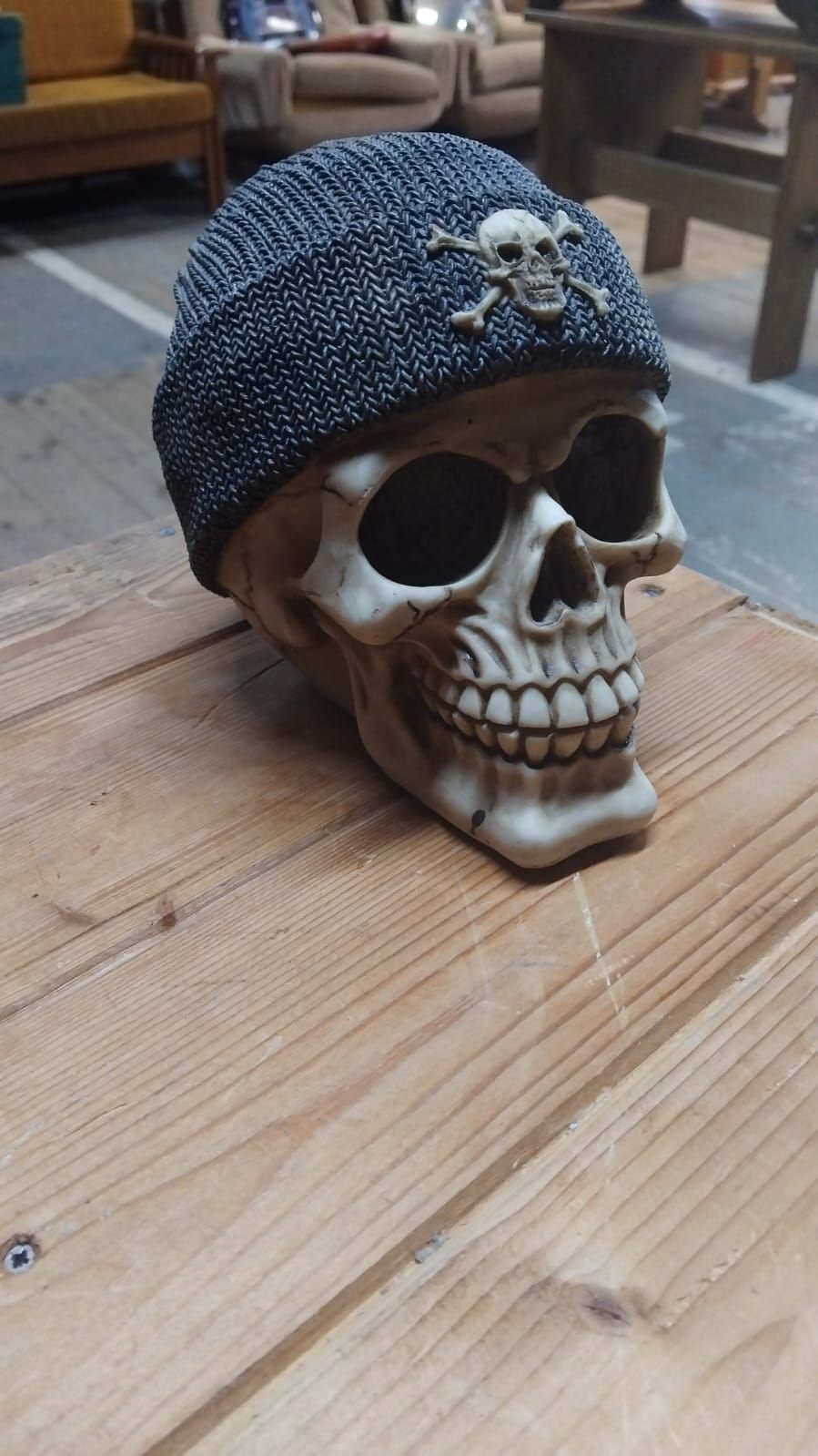 Lot 302 – A Novelty Cast Resin Decorative Skull Wearing a Beanie Hat
