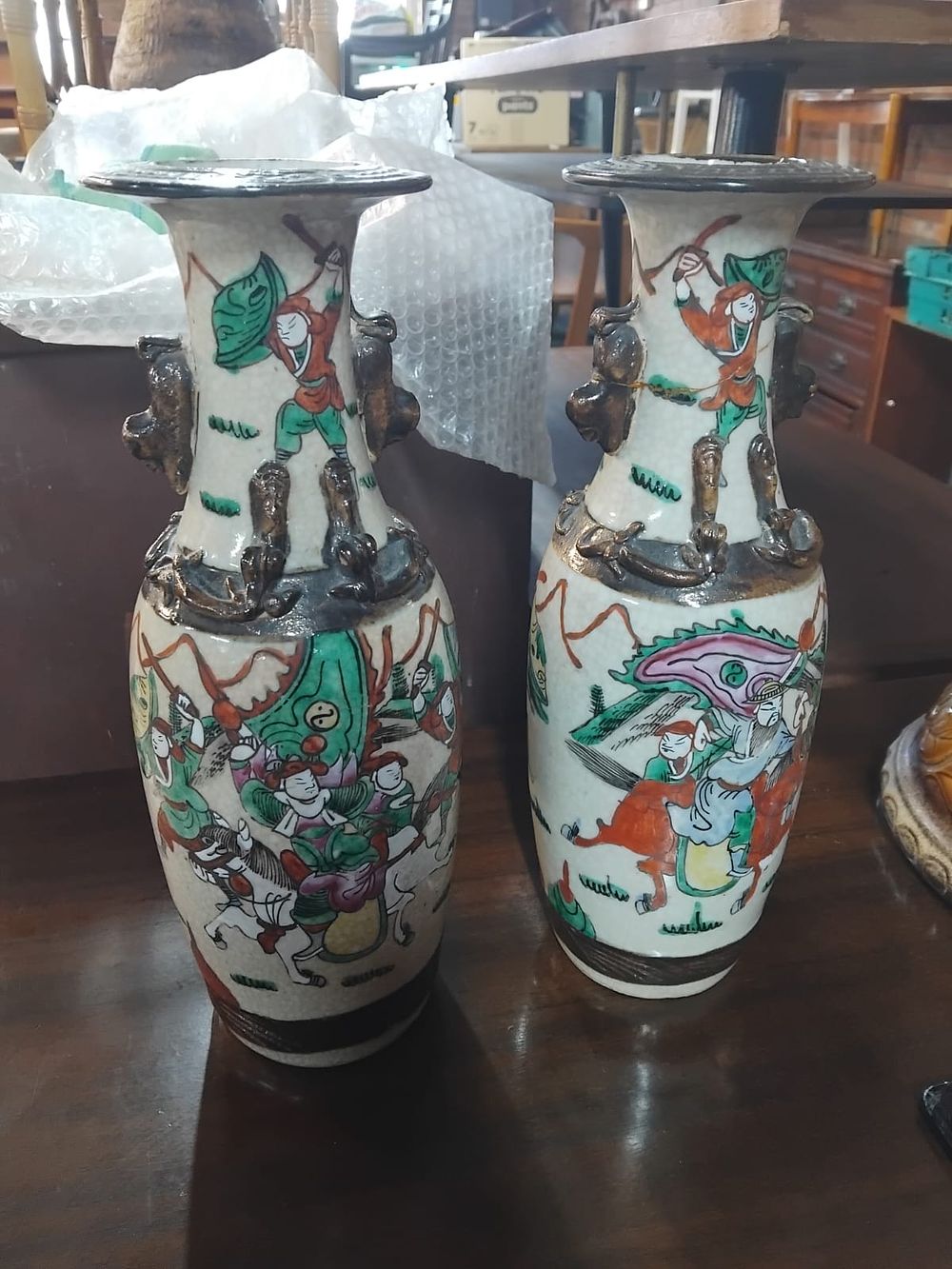 Lot 330 – A Pair of Chinese Nankin Crackle-Glazed Porcelain Warrior Vases