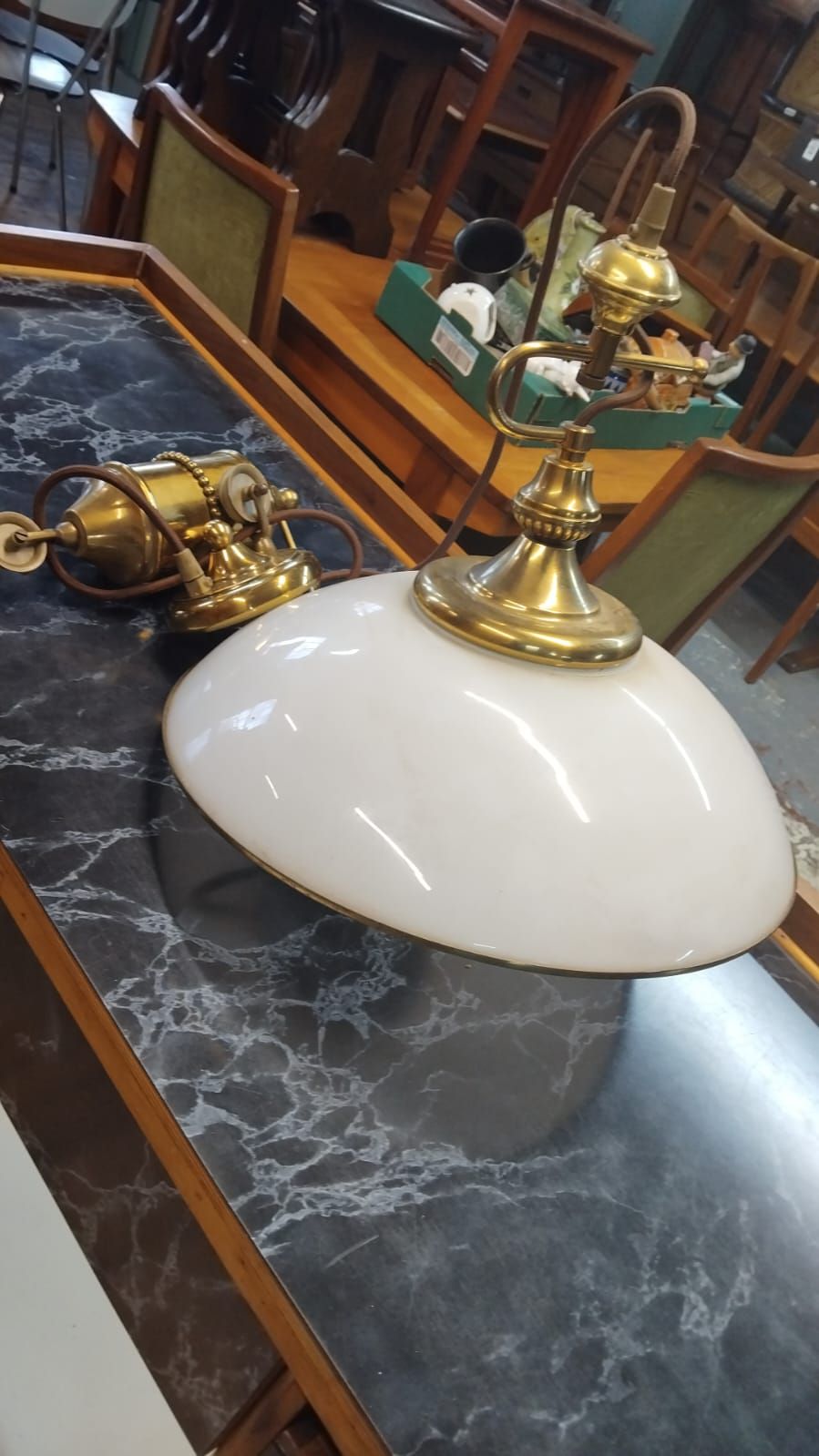 Lot 361 – An Edwardian style brass rise and fall pendant light with opal glass shade
