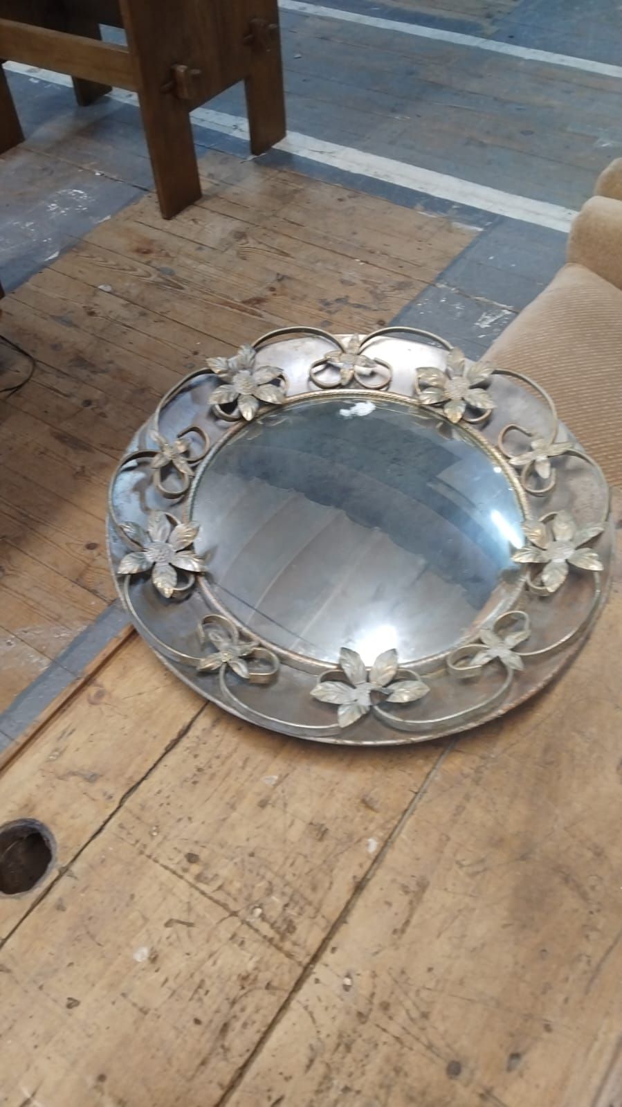 Lot 366 – Arts and Crafts Style Circular Convex Wall Mirror with Repousse Floral Bosses