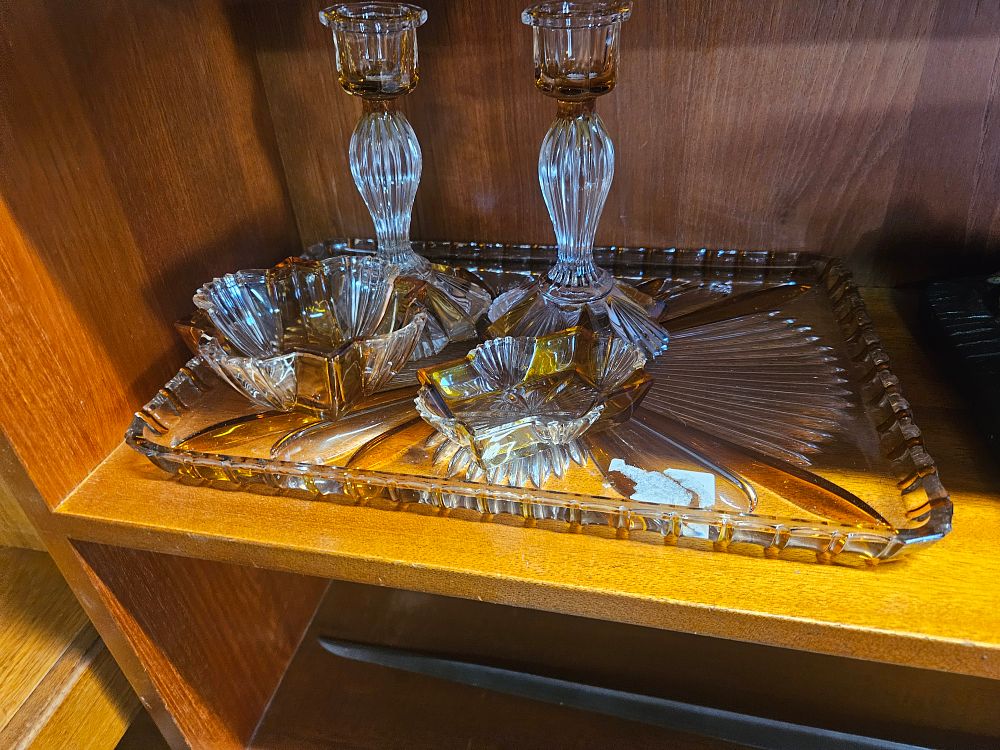 Lot 227 – A Set of Art Deco Amber and Clear Pressed Glass Dressing Table Items