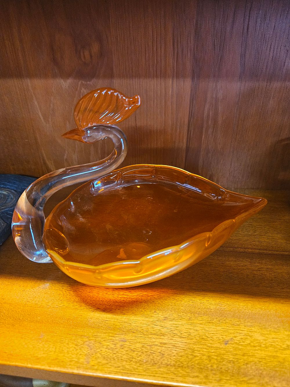 Lot 229 – Mid-century Hand-blown Amber and Clear Art Glass Swan Dish