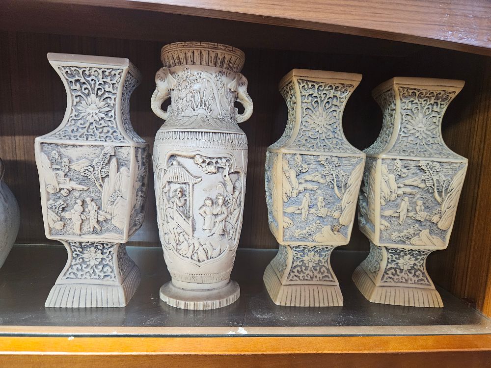 Lot 240 – A collection of Chinese style moulded resin vases with relief decoration