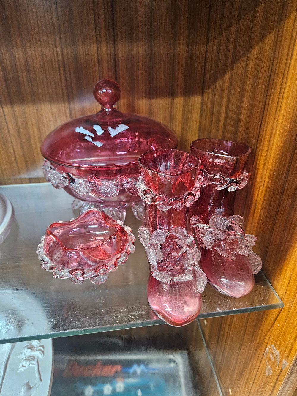 Lot 243 – A Collection of Late Victorian Cranberry Art Glass Items with Applied Decoration