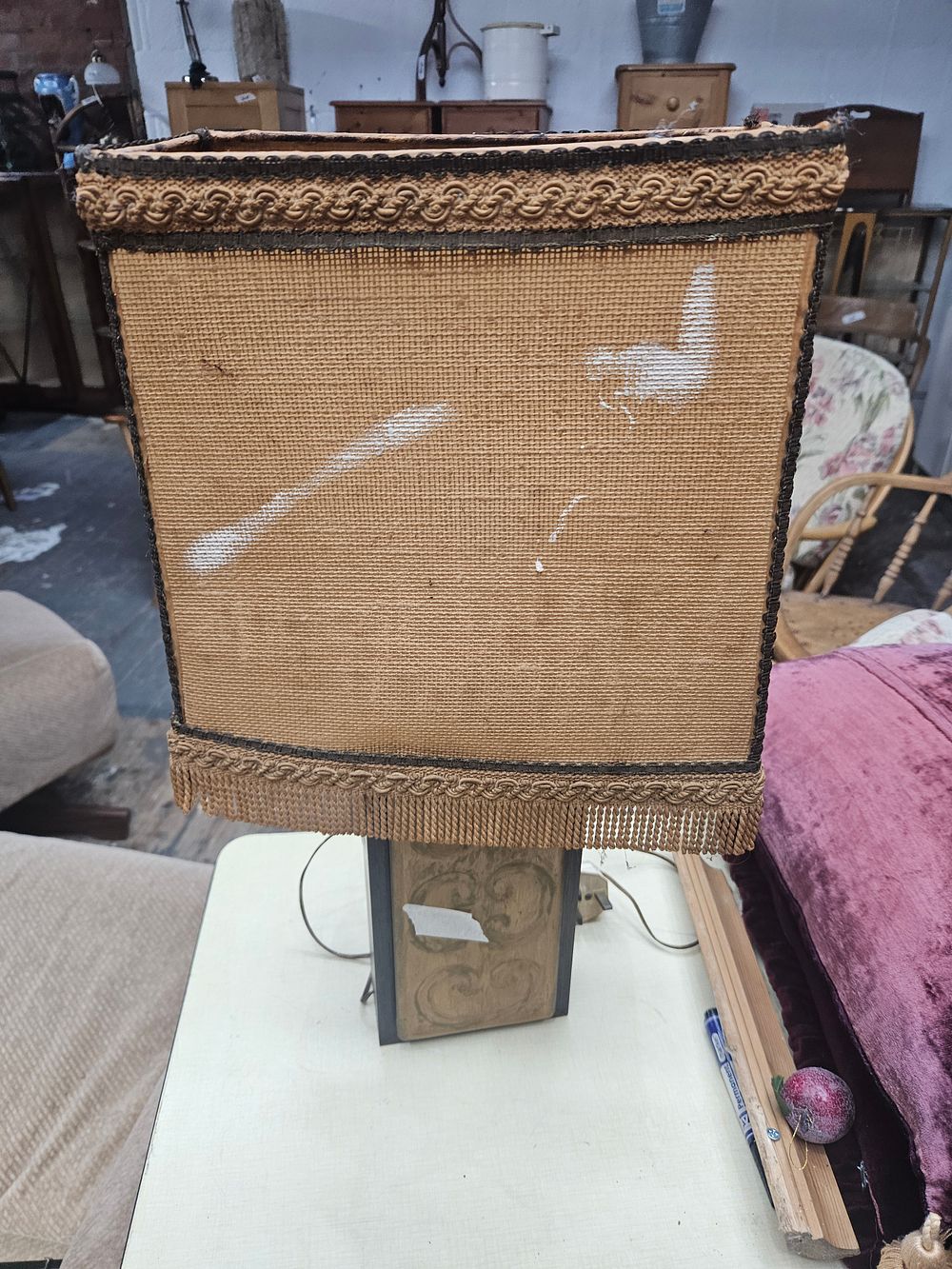 Lot 283 – A Vintage Mid-Century Style Wood and Composite Table Lamp with Burlap Shade