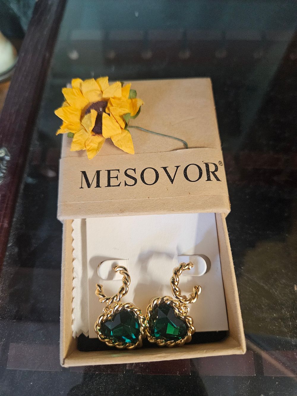 Lot 336 – A Pair of Mesovor Yellow-Toned Drop Earrings with Green Heart Stones