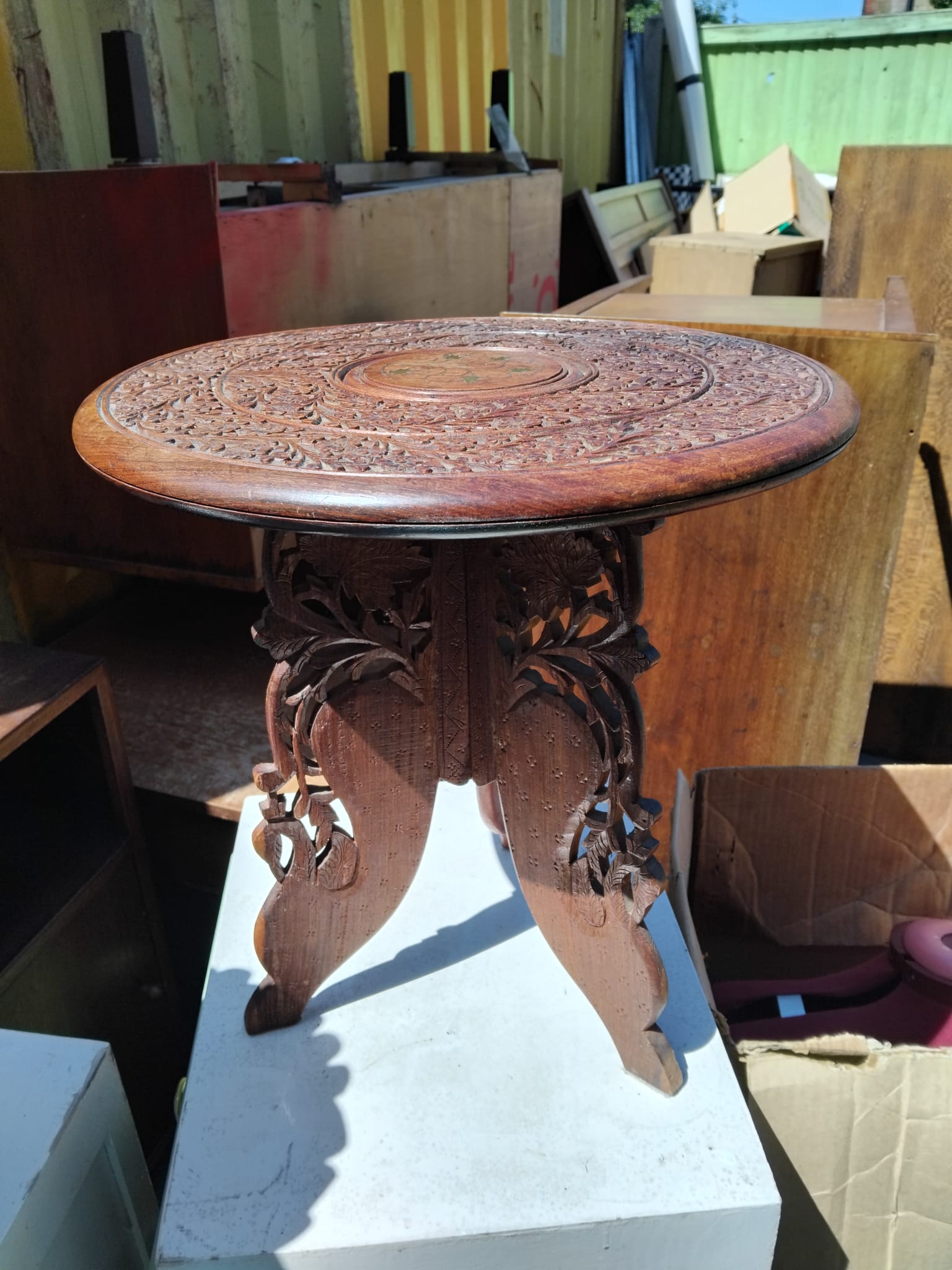 Anglo-Indian Carved and Inlaid Hardwood Folding Side Table