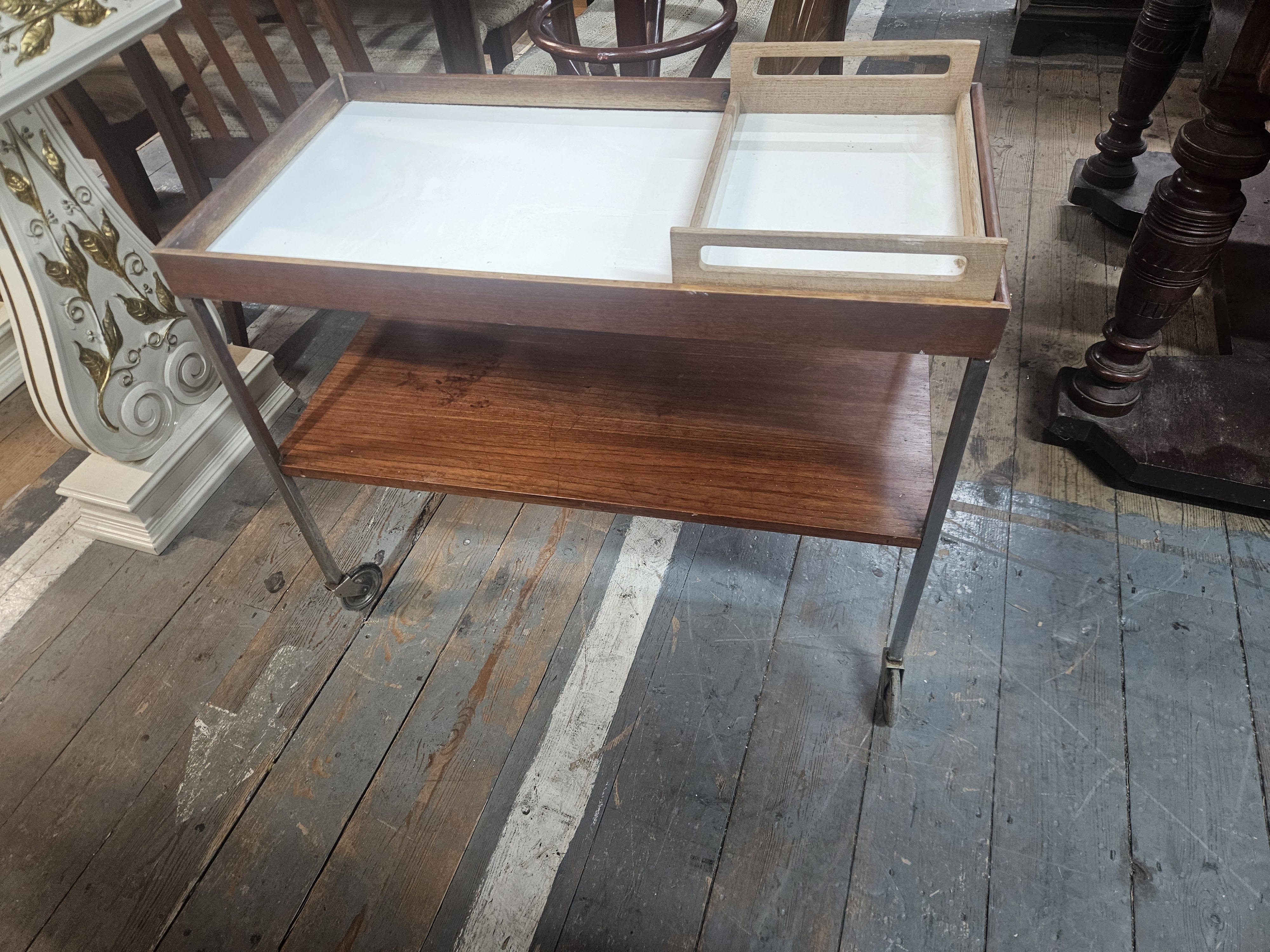 Mid-Century Modern Two-Tier Teak and Laminate Tea Trolley with Removable Tray