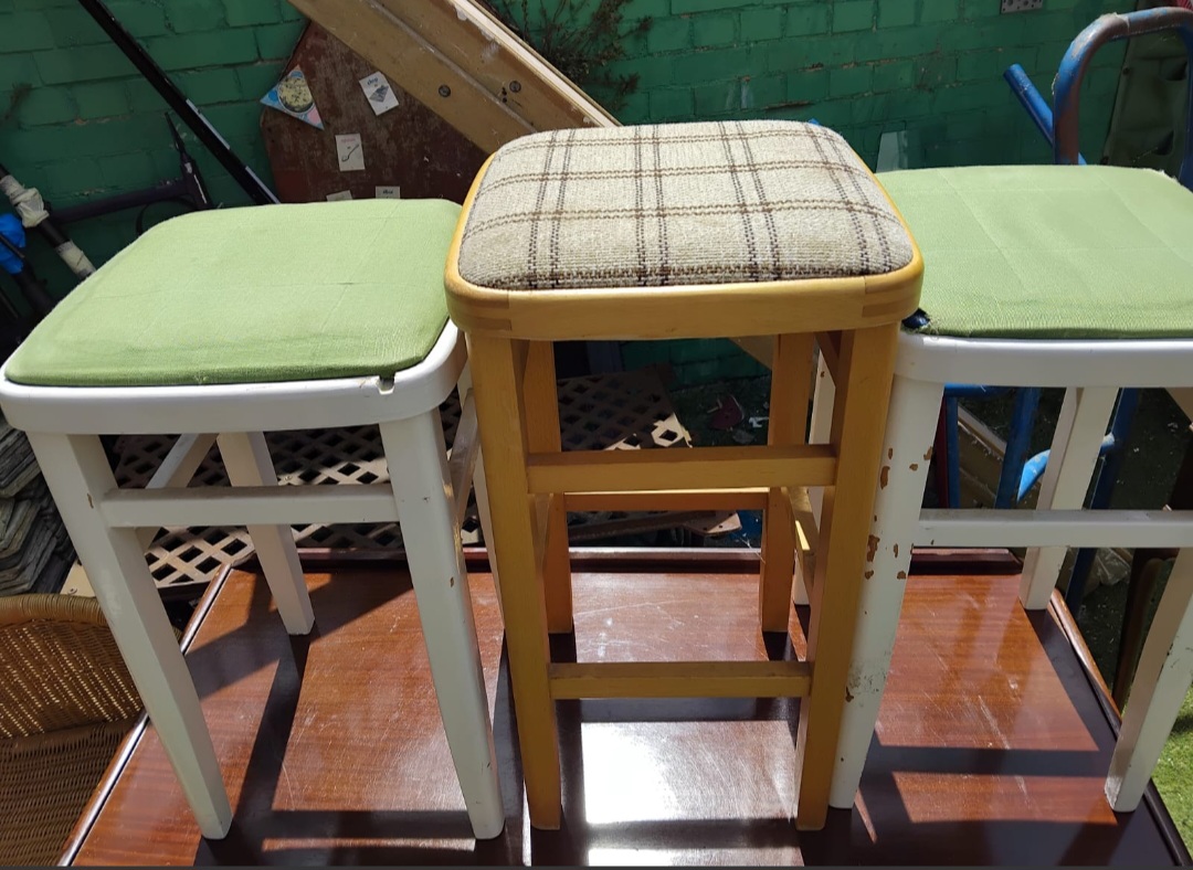 Three Mid-Century Style Beech Kitchen Stools