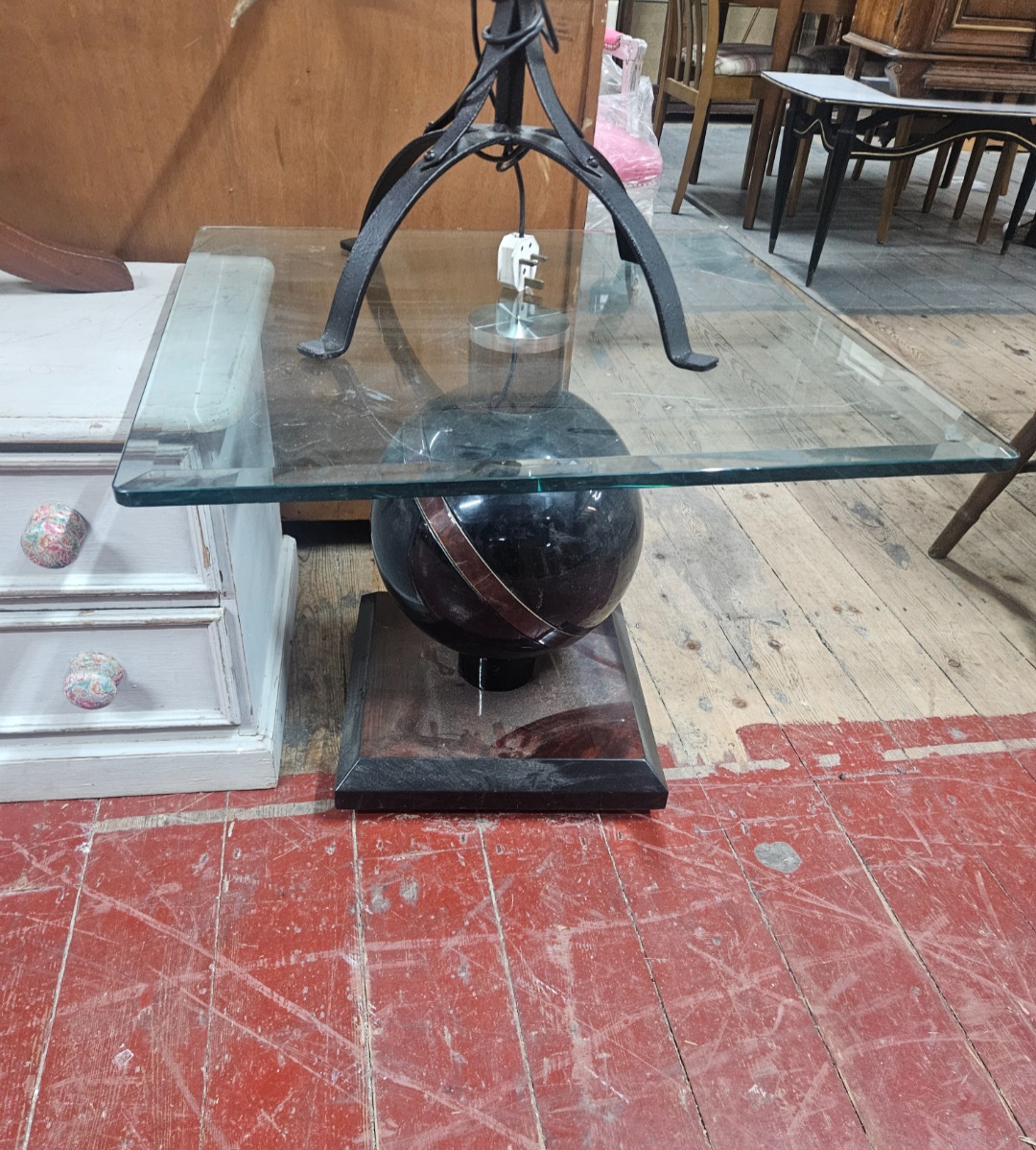 A Postmodern Glass Topped Side Table with Spherical Pedestal Base