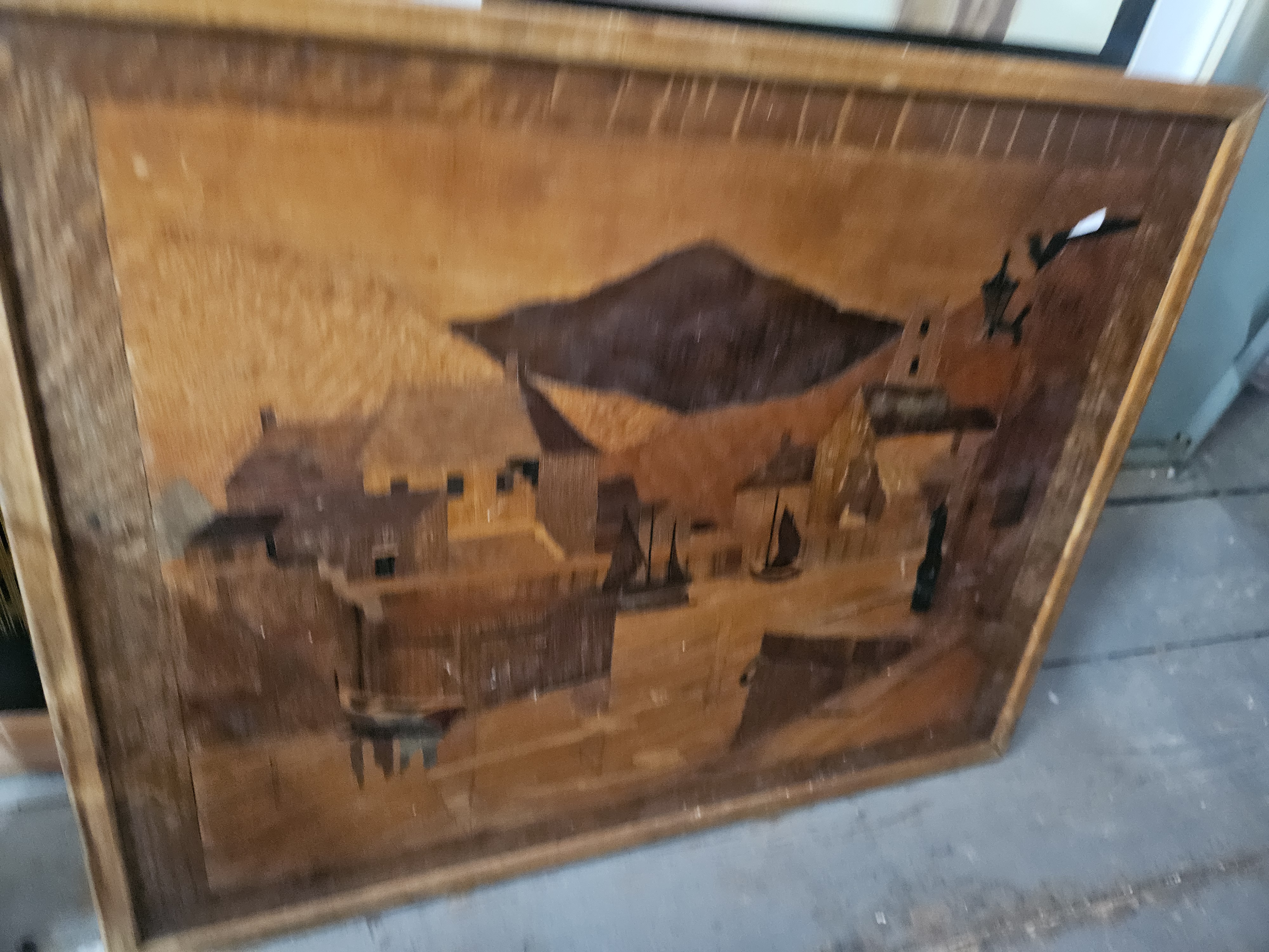 European, 20th Century 'Coastal Village and Mountain Landscape' Marquetry Panel