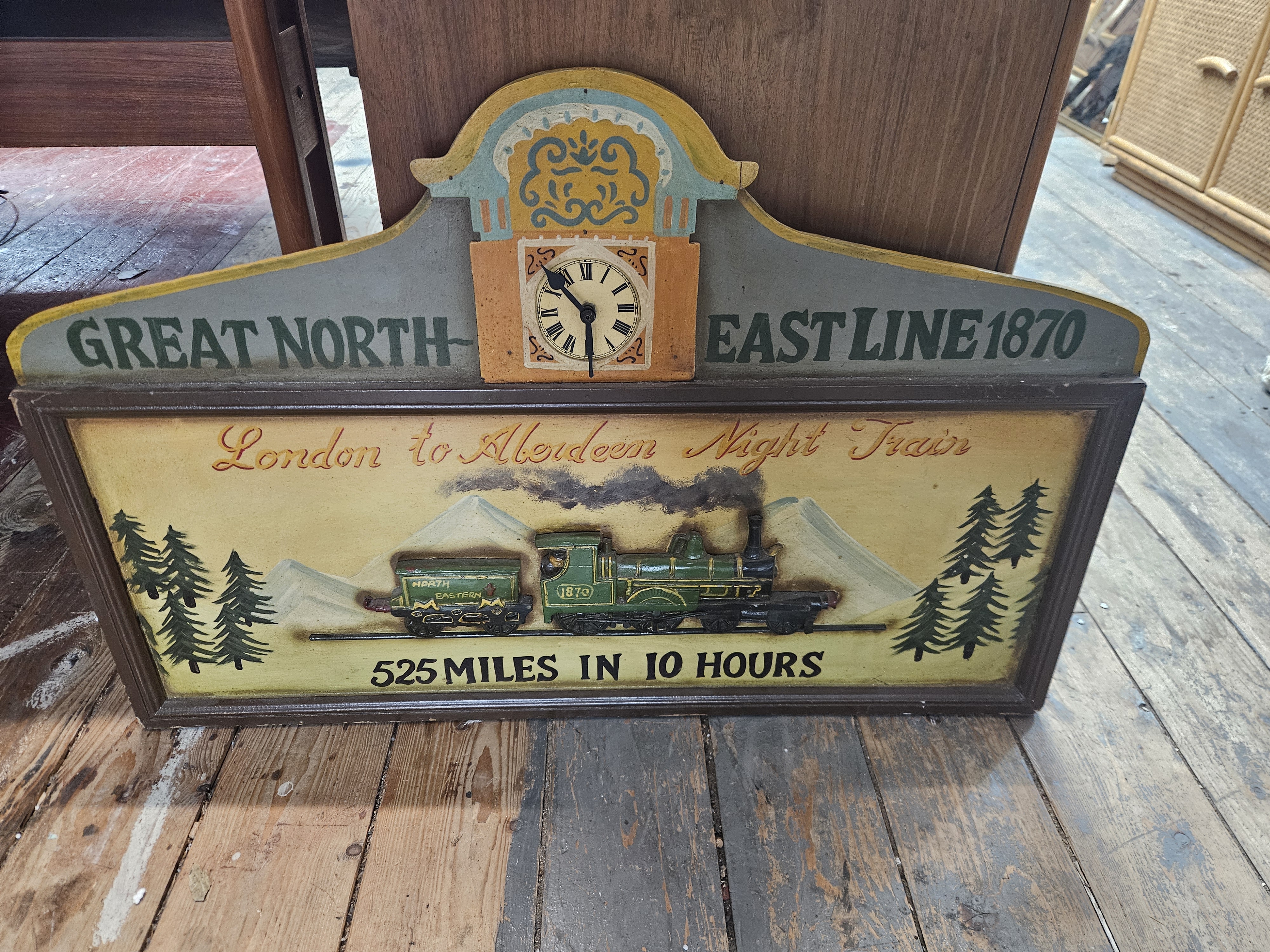 Vintage English Pub Style Decorative Wall Sign North Eastern Railway Night Train with Integrated Clock