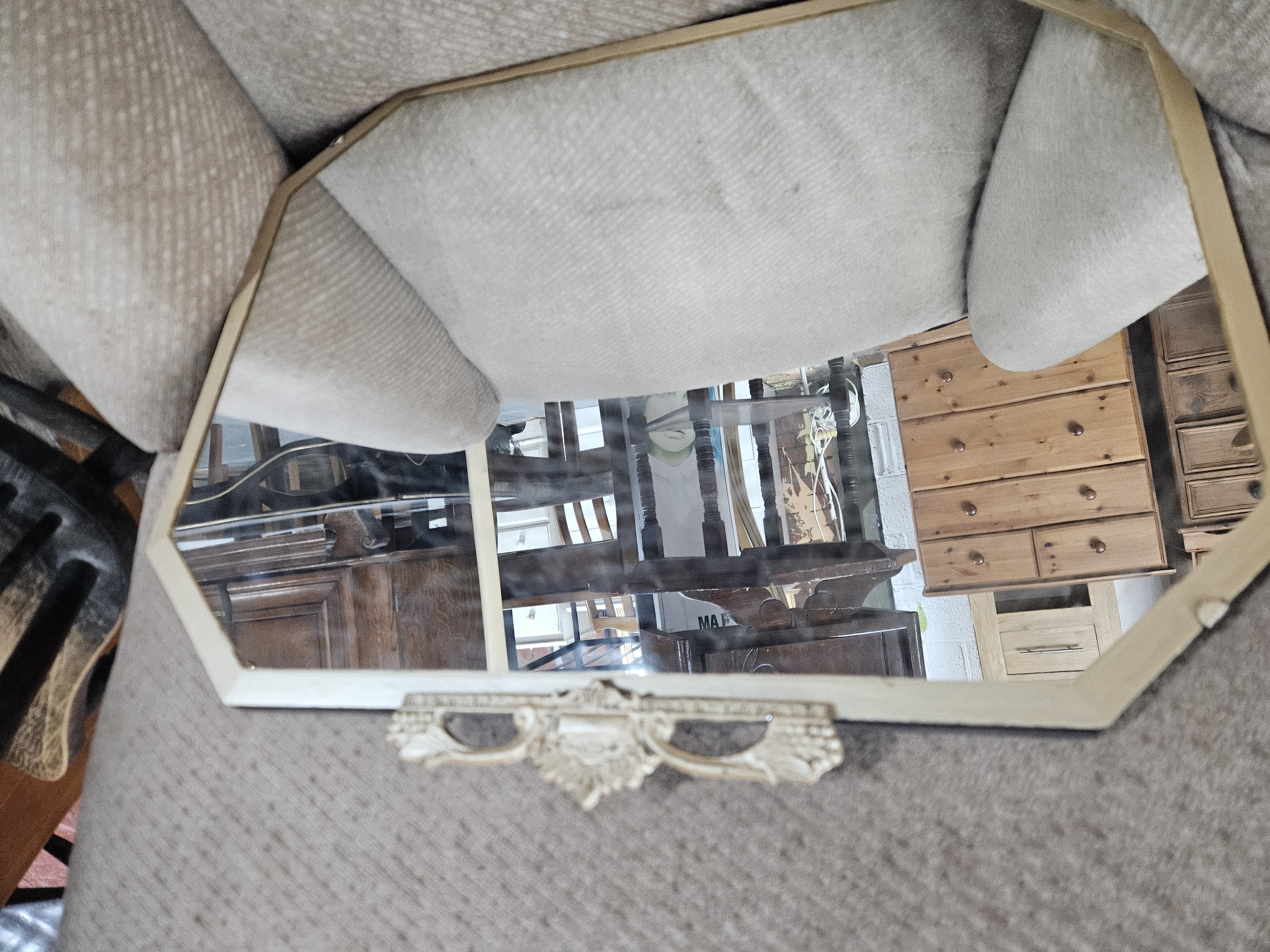 Mid-Century Gilded Metal Geometric Wall Mirror with Ornate Foliate Crest