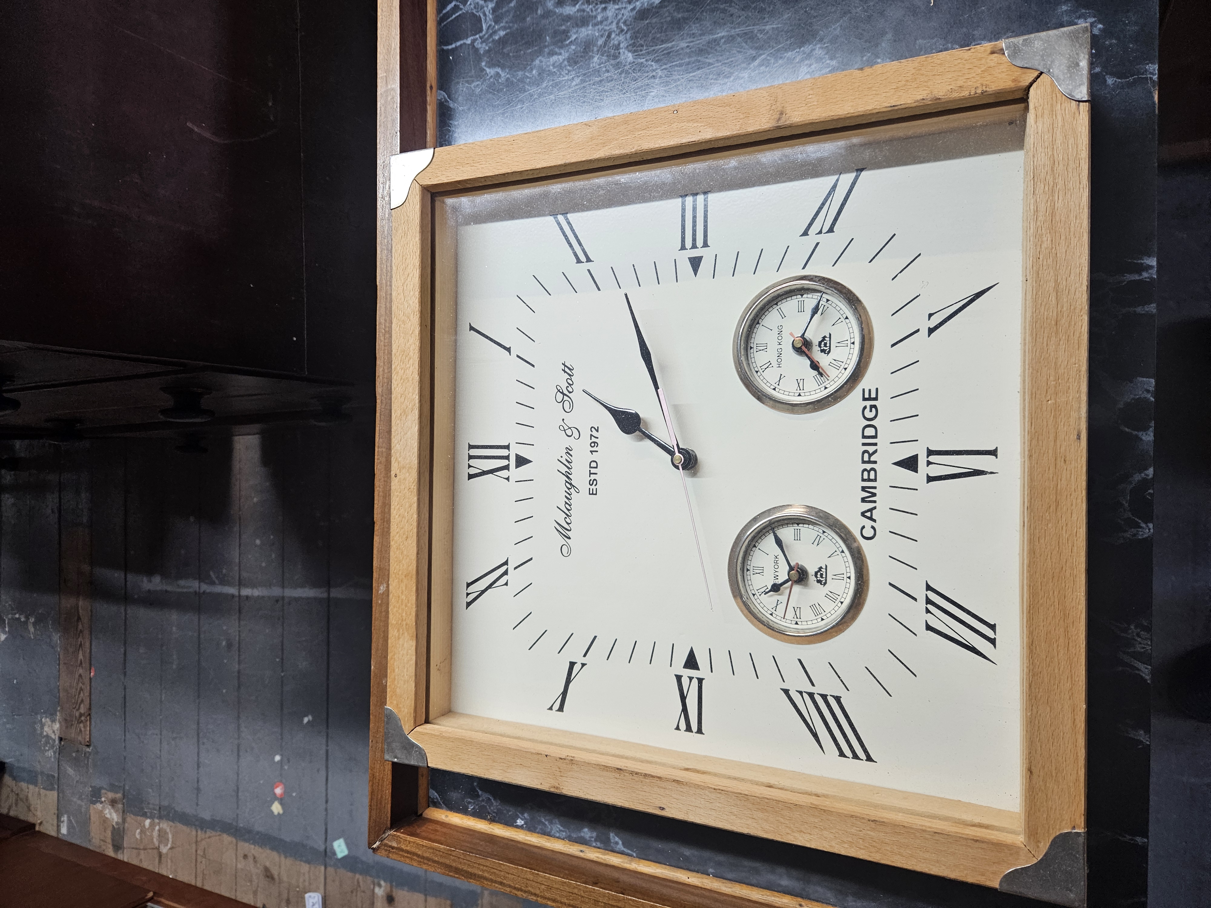 McLaughlin and Scott Cambridge World Time Square Wooden Wall Clock