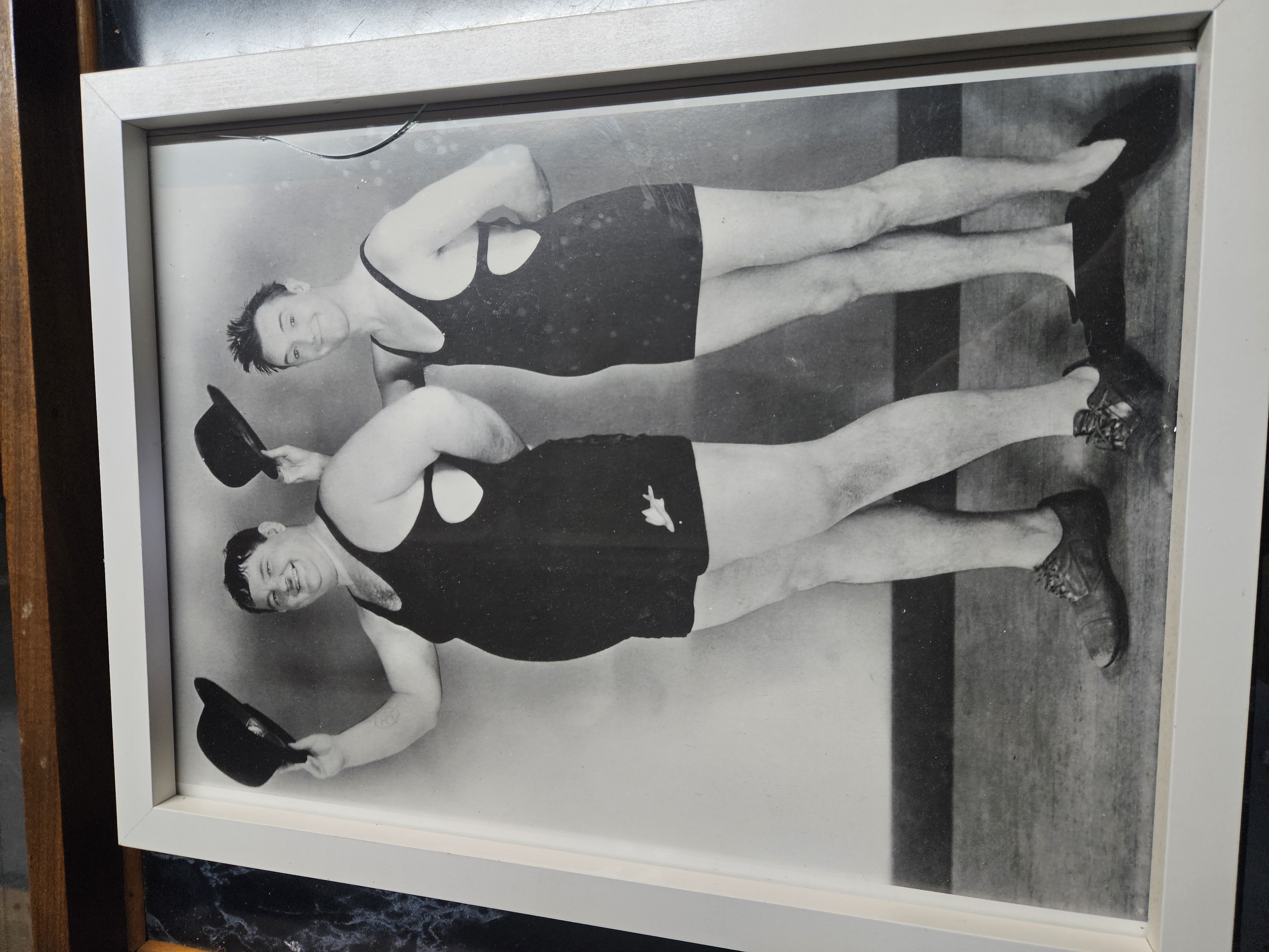 A Framed Vintage Silver Gelatin Print of a Comedic Duo in Swimwear