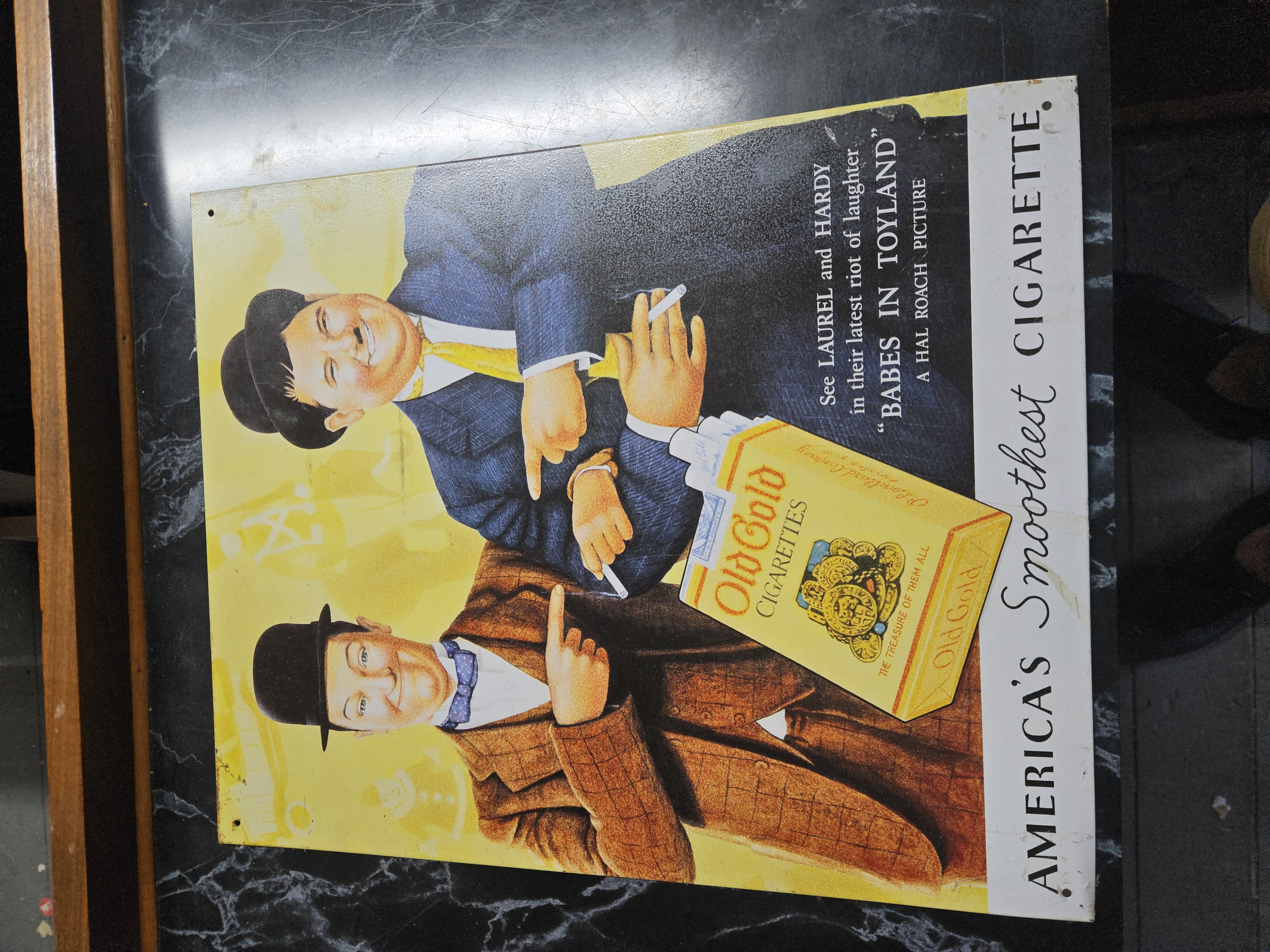 Old Gold Cigarettes Laurel and Hardy Babes in Toyland Lithographed Tin Advertising Sign