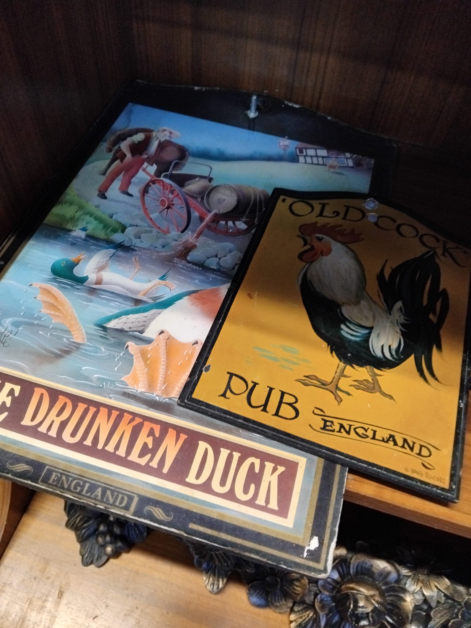Two Decorative Printed Pub Signs The Drunken Duck and Old Cock