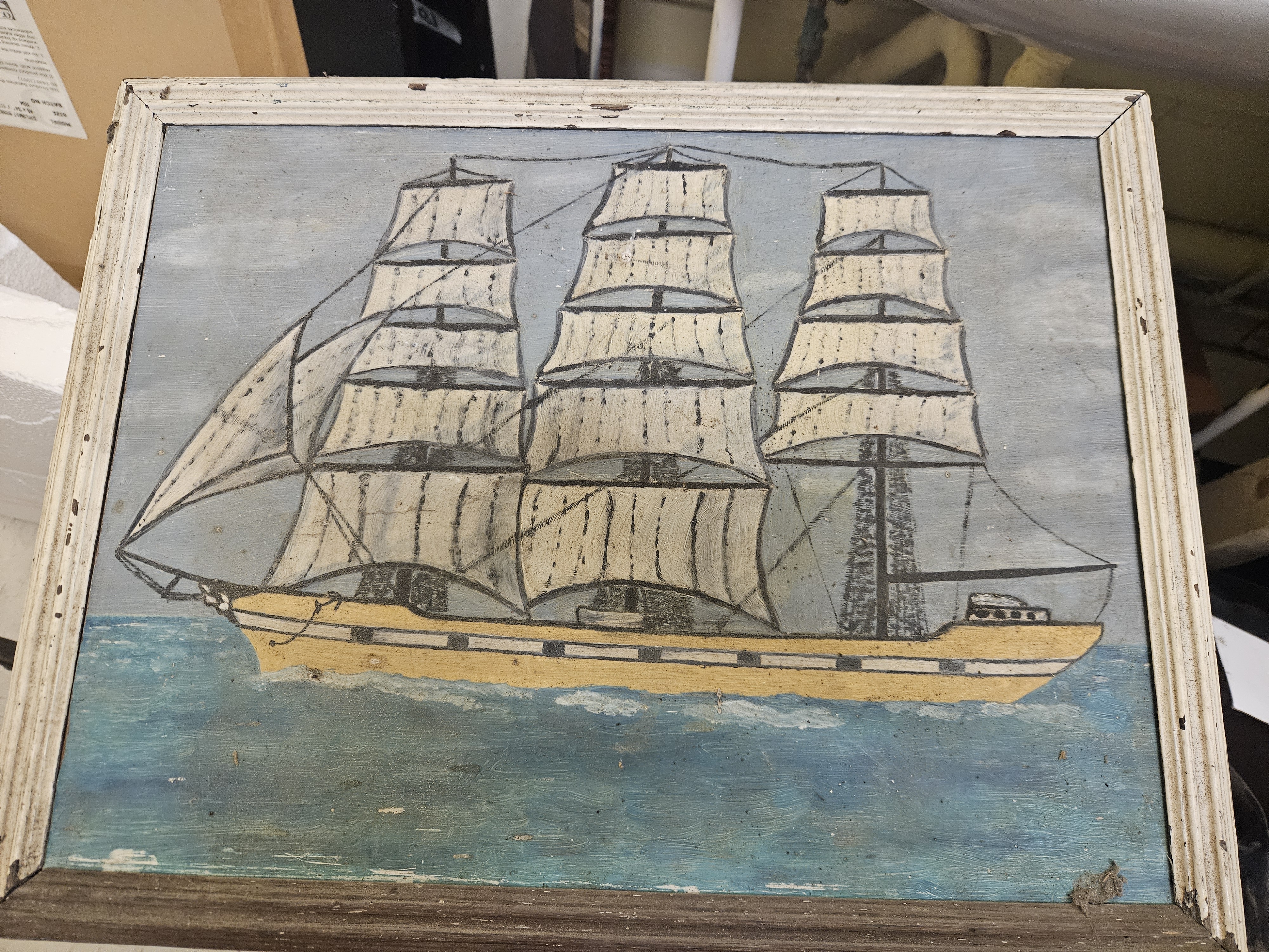 British School, 19th Century, A Naive Maritime Painting of a Three-Masted Sailing Ship