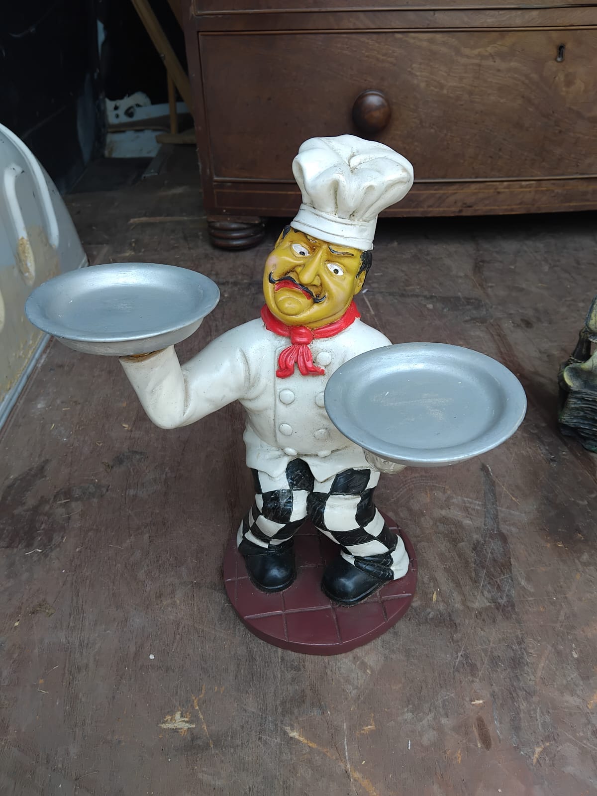 Peter Mook Painted Resin Chef Figurine with Two Serving Trays