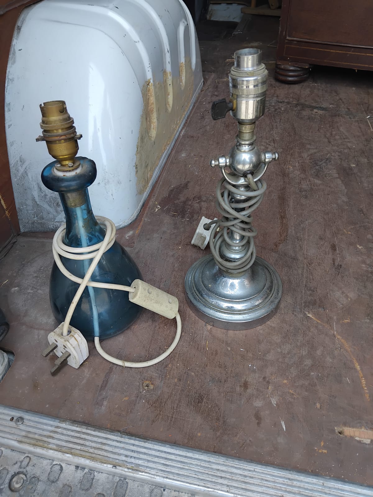 Two Vintage Table Lamp Bases comprising a Blue Glass and a Chrome Example