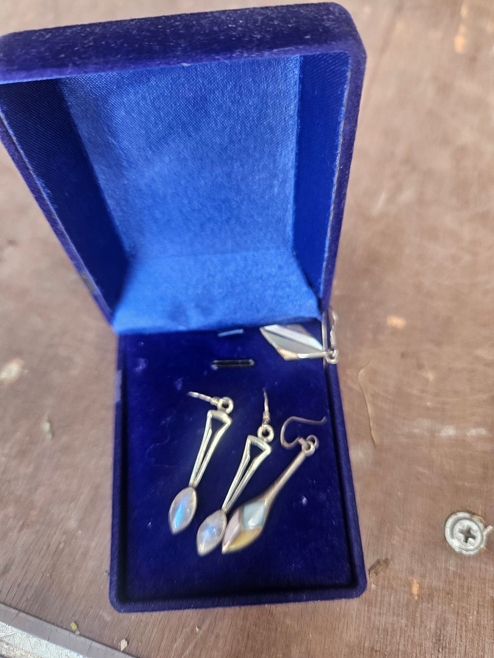 Lot 304a – A Collection of Silver and Iridescent Stone Drop Earrings