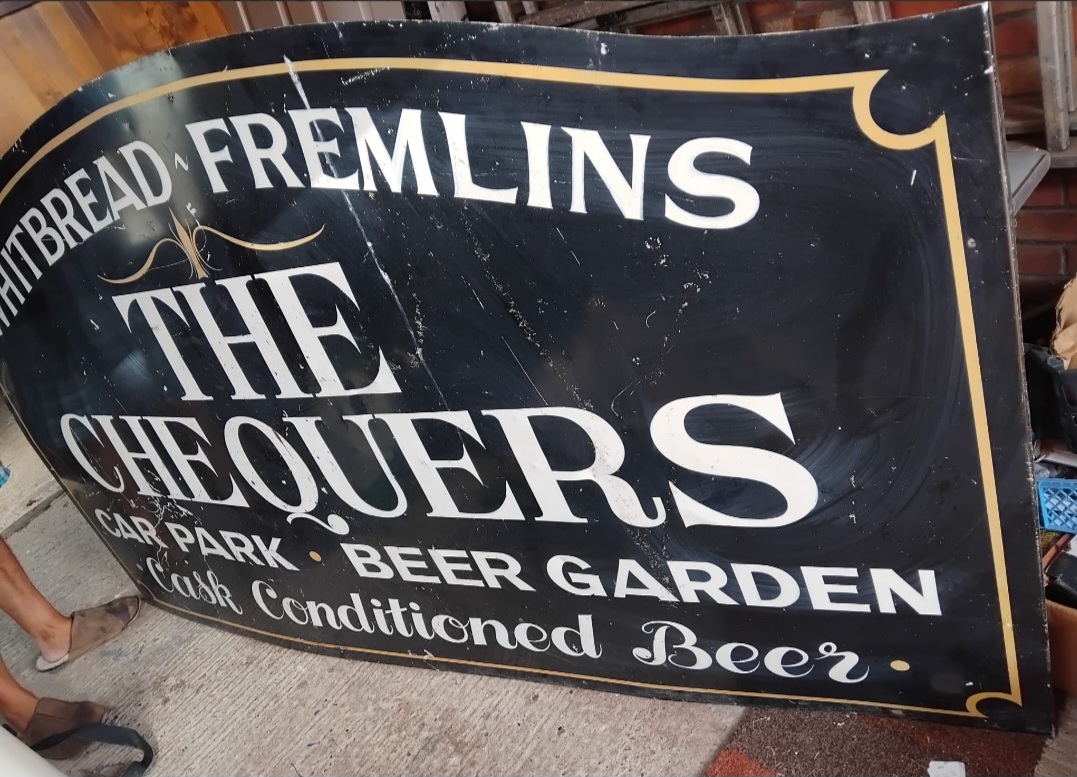 Large Vintage Curved Whitbread and Fremlins Pub Sign for The Chequers