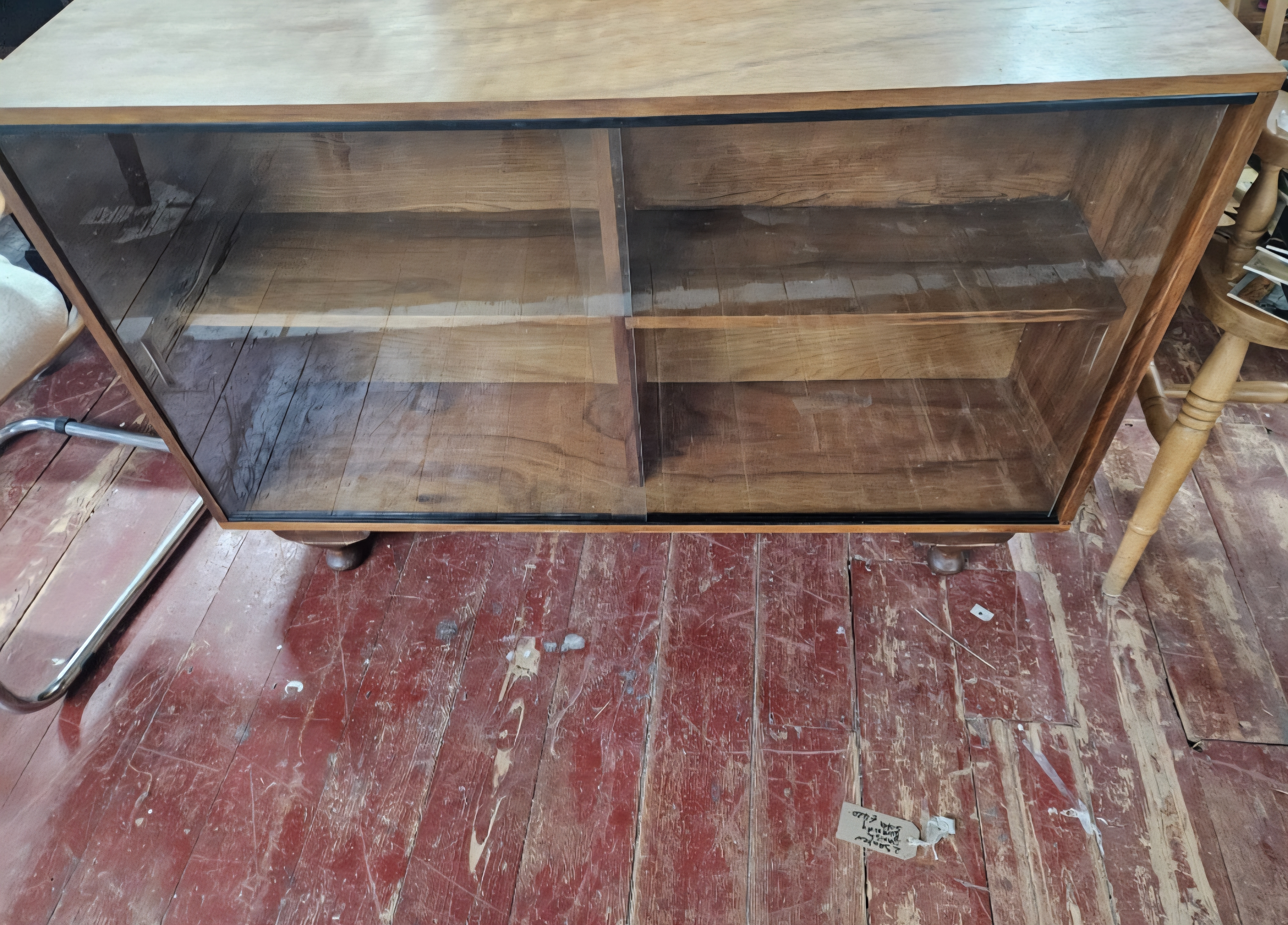 Mid-Century Modern Oak Low Display Cabinet with Sliding Glass Doors