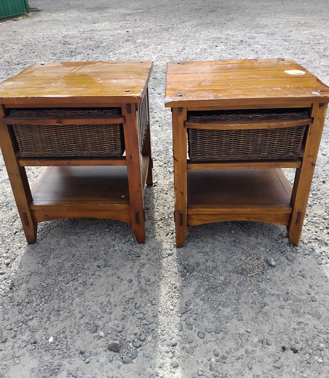 A Pair of Contemporary Stained Wood Side Tables with Wicker Basket Drawers