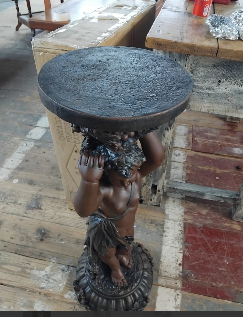 Cast resin Putto Pedestal Side Table with Bronze-Effect Finish