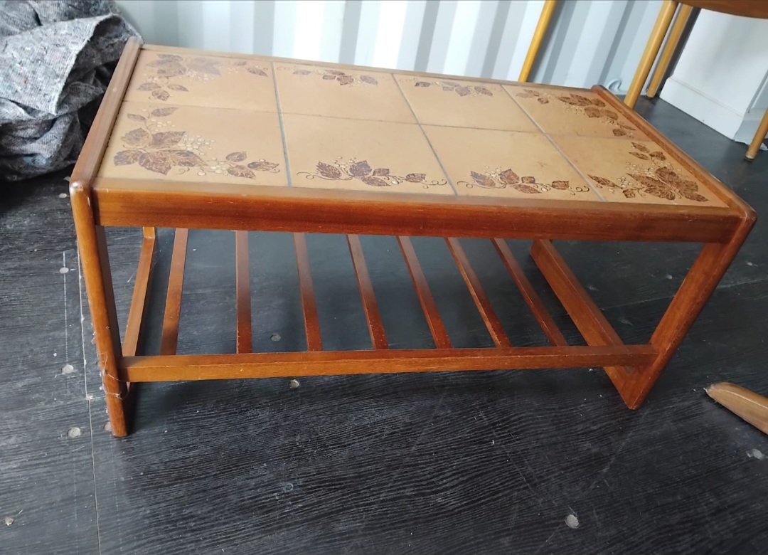 Mid-Century Modern Teak Coffee Table with Inset Ceramic Tile Top and Slatted Magazine Shelf