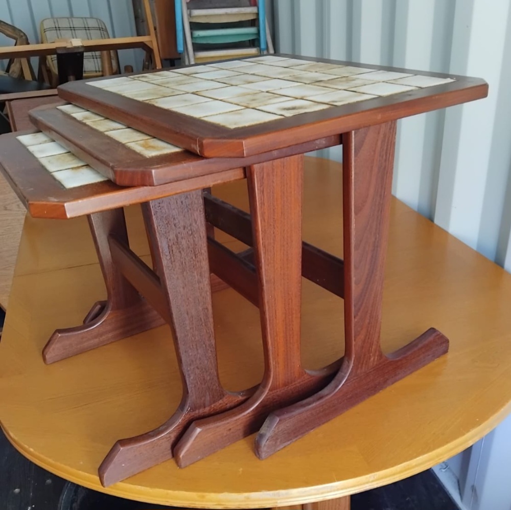 A Trio of G Plan Mid-Century Teak Nesting Tables with Tiled Tops
