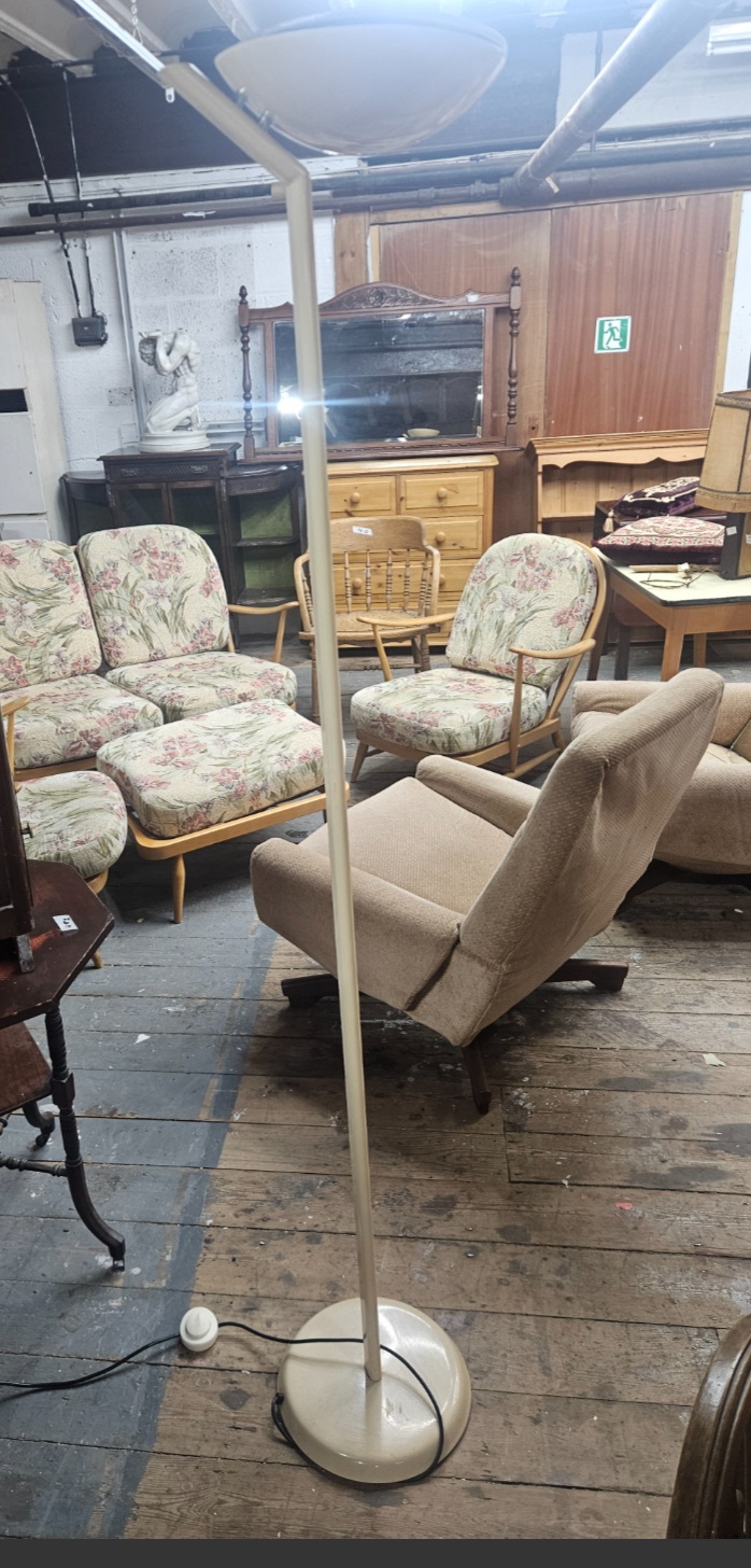 A Mid-Century Modern Style Cream Enamelled Metal Torchiere Floor Lamp