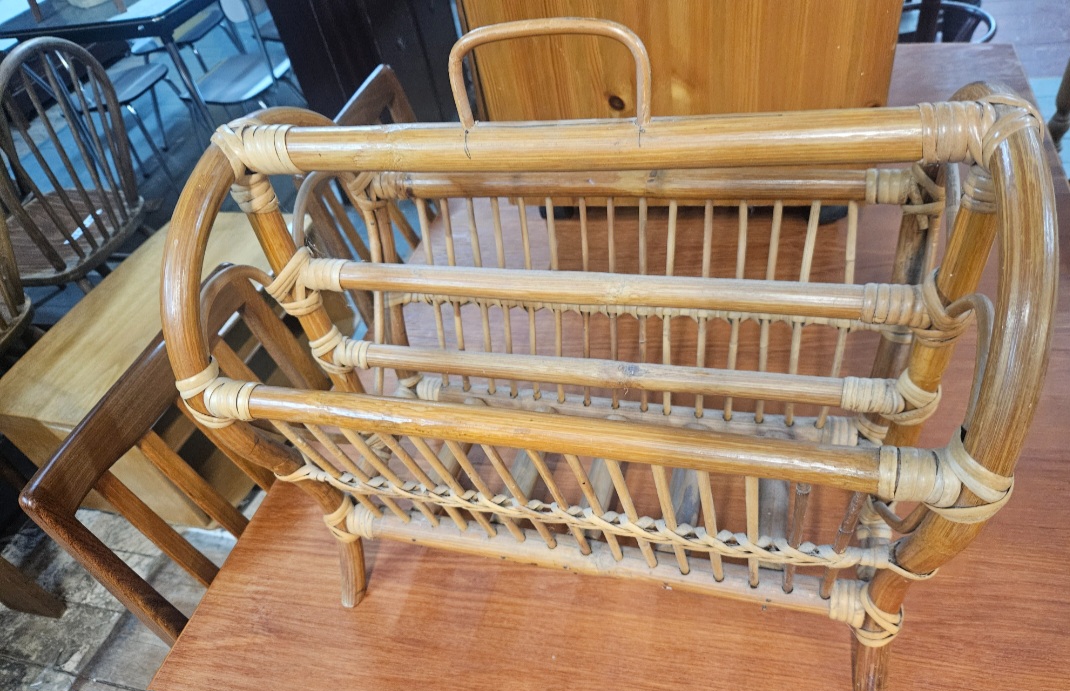 Mid-Century Bamboo and Rattan Twin-Compartment Magazine Rack