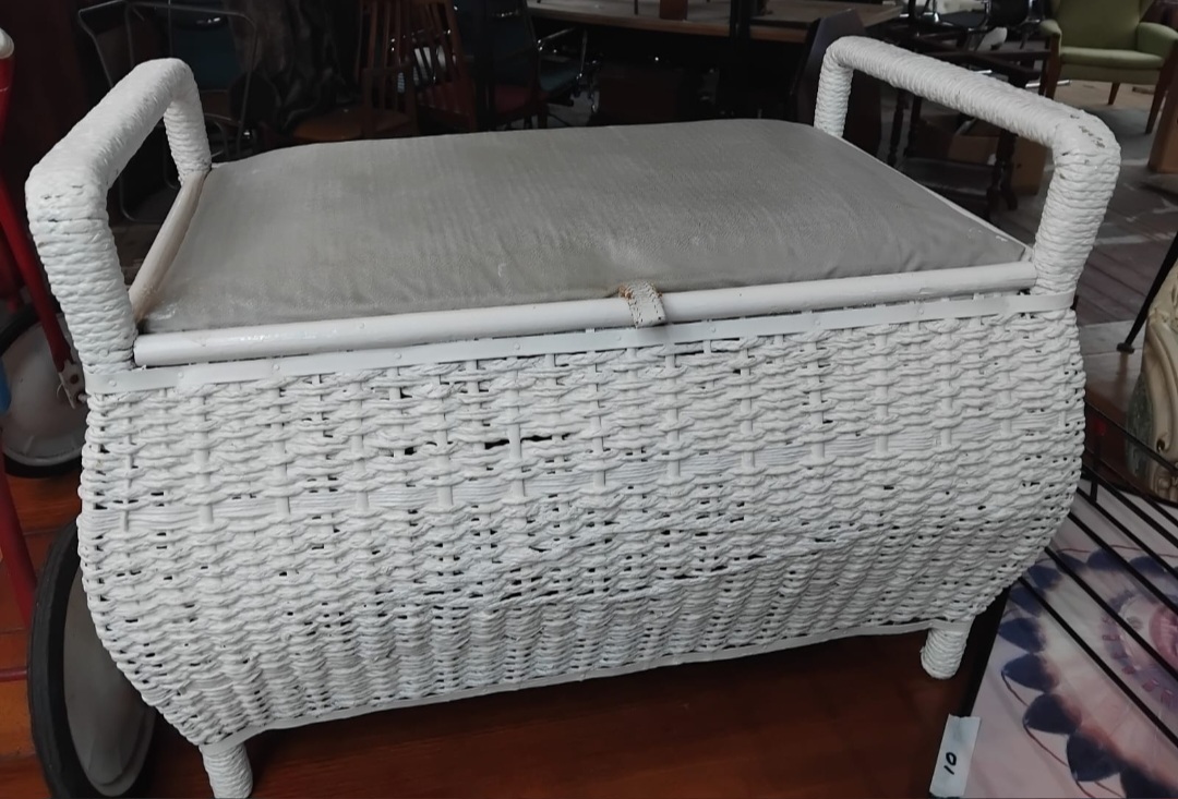 Mid-20th Century White-Painted Woven Wicker Storage Bench