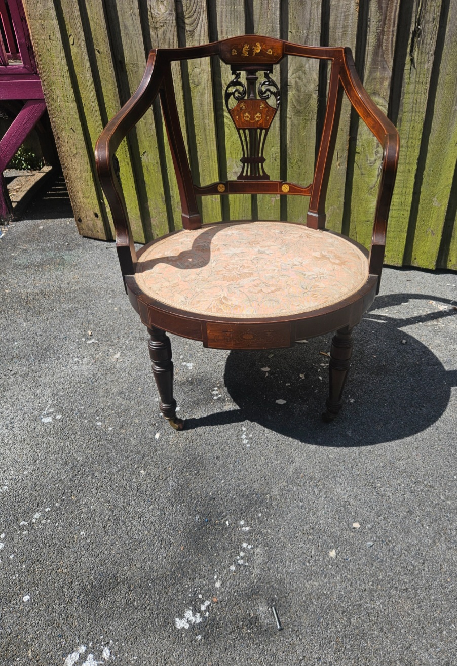 Edwardian Inlaid Mahogany Sheraton Revival Tub Armchair