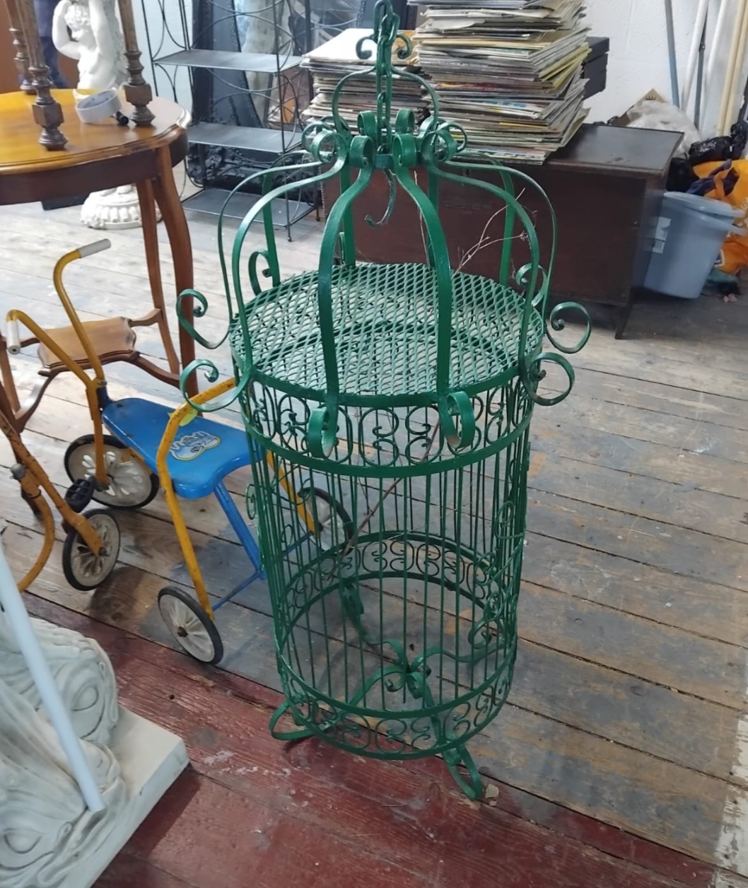 Large Victorian Style Green Painted Wrought Iron Decorative Birdcage Planter