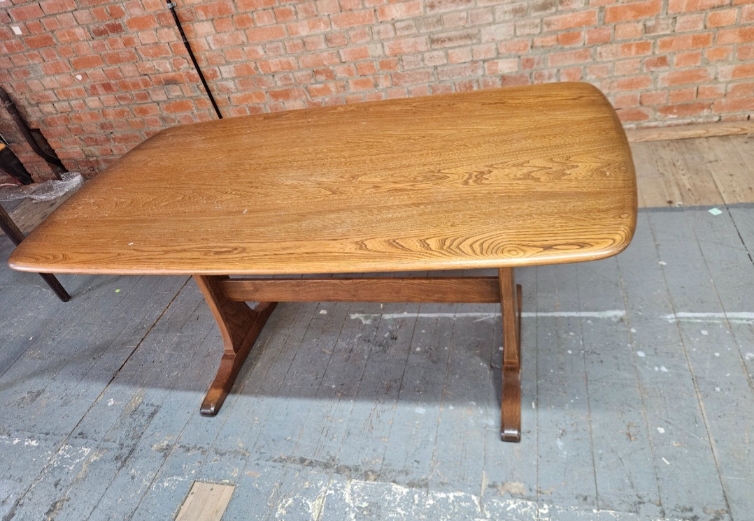 Ercol Mid-Century Solid Elm and Beech Plank Trestle Dining Table