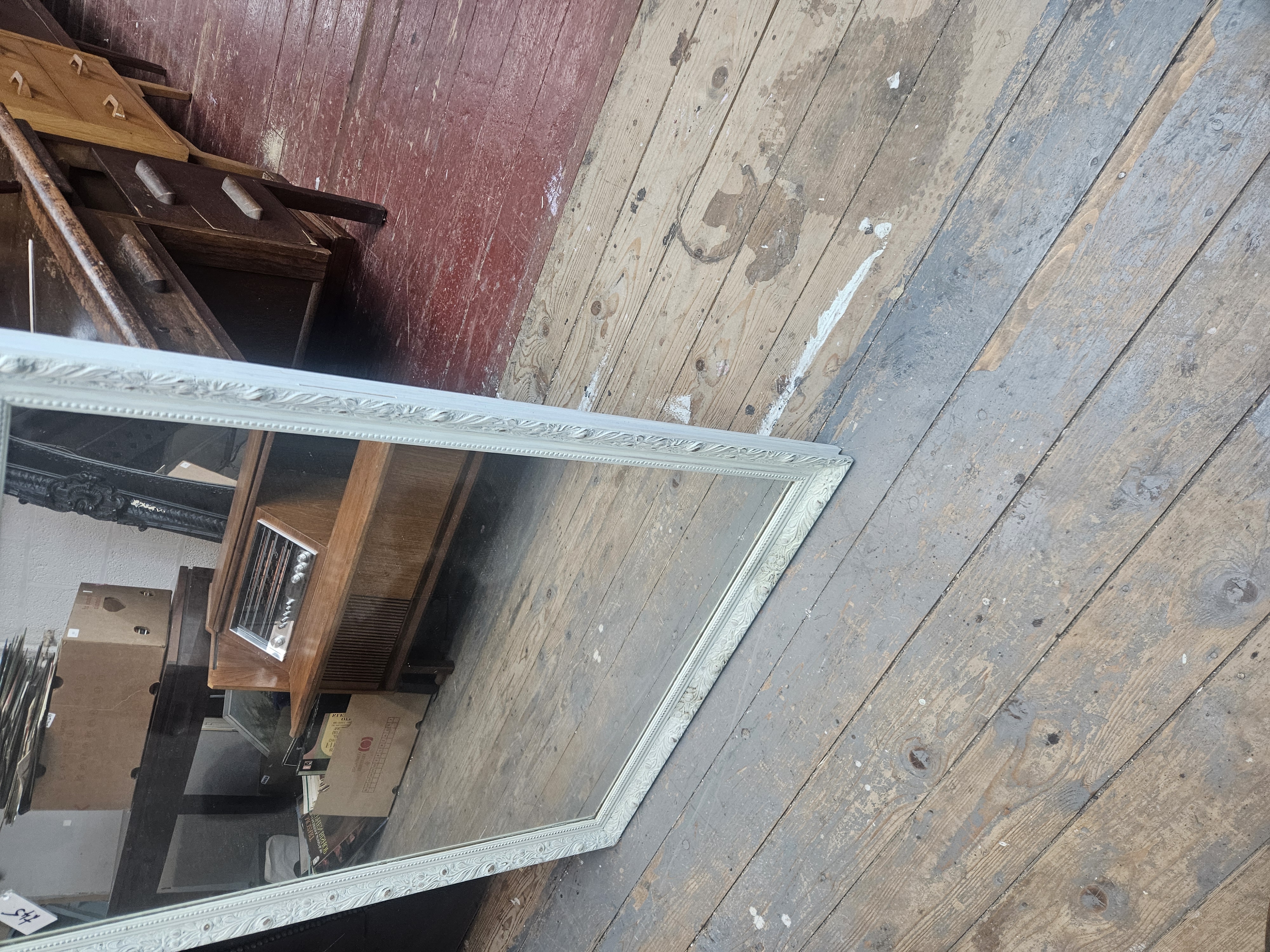 Large Neo-Classical Style Rectangular Wall Mirror in Distressed Painted Finish