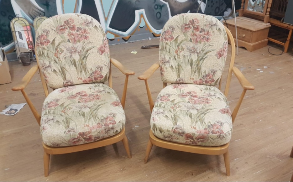 A Pair of Ercol Jubilee 766 Blonde Beech Armchairs