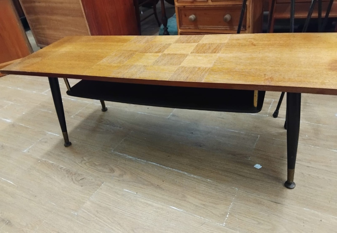 Mid-Century Modern Oak Parquet Coffee Table with Ebonised Legs and Shelf