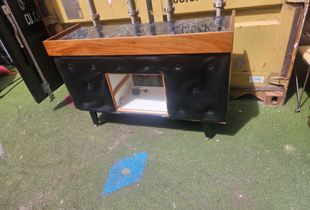 Mid-Century Modern Black Tufted Vinyl Cocktail Bar