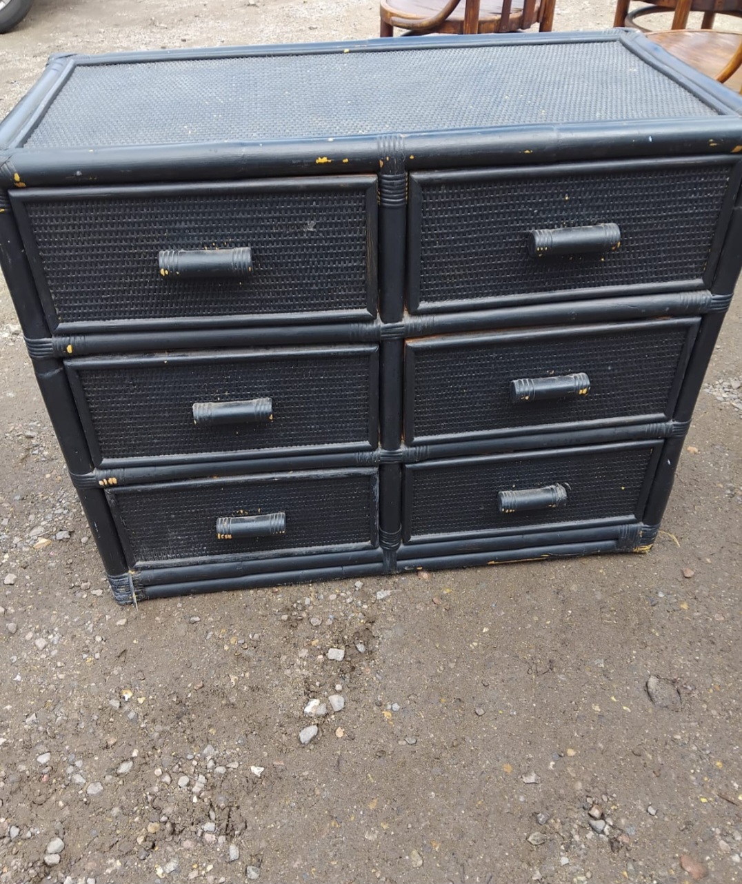 Vintage Black Painted Bamboo and Rattan Six Drawer Chest of Drawers