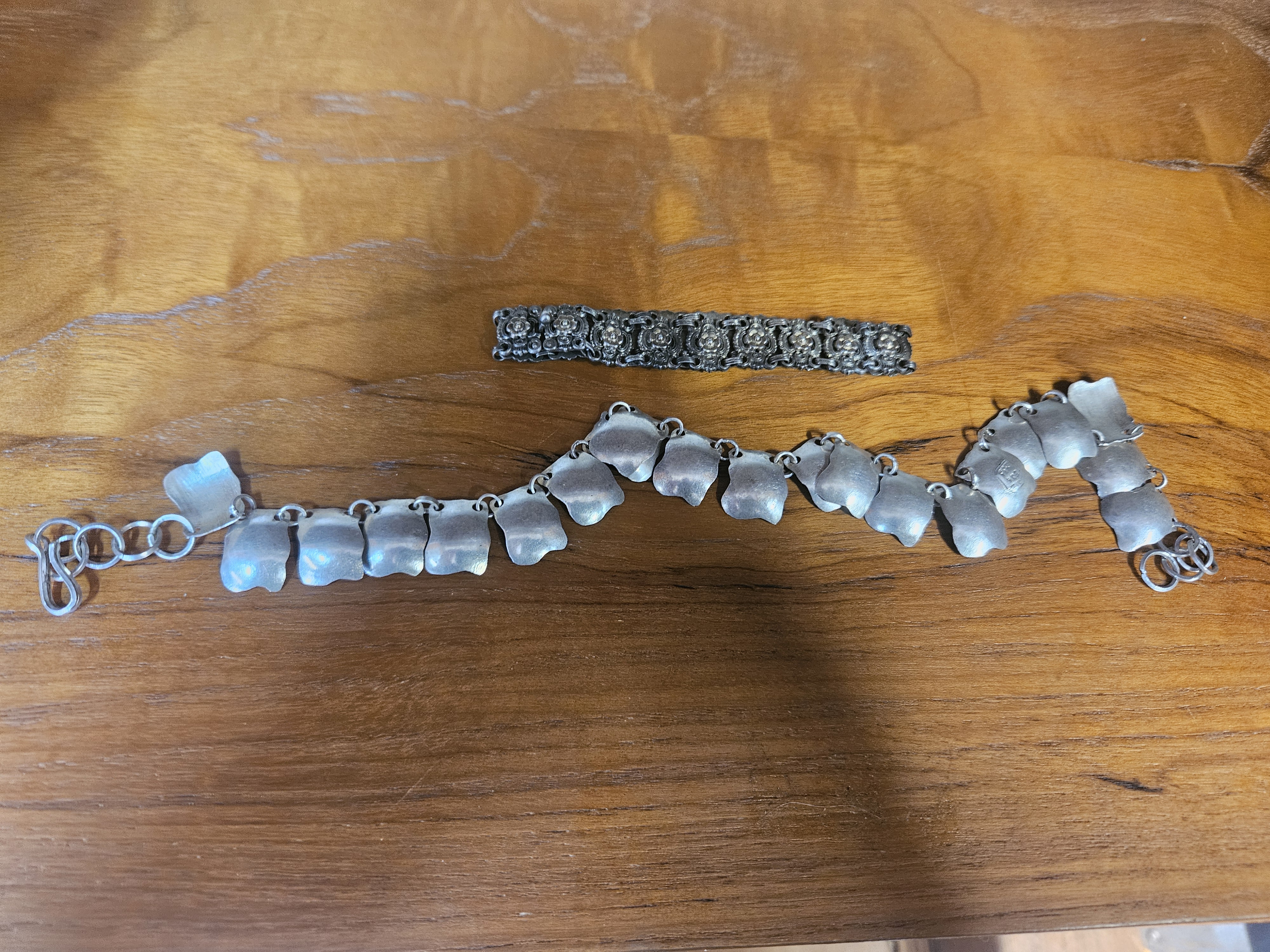 Two Vintage Silver-Toned Link Bracelets including a Chinese Fine Silver Example