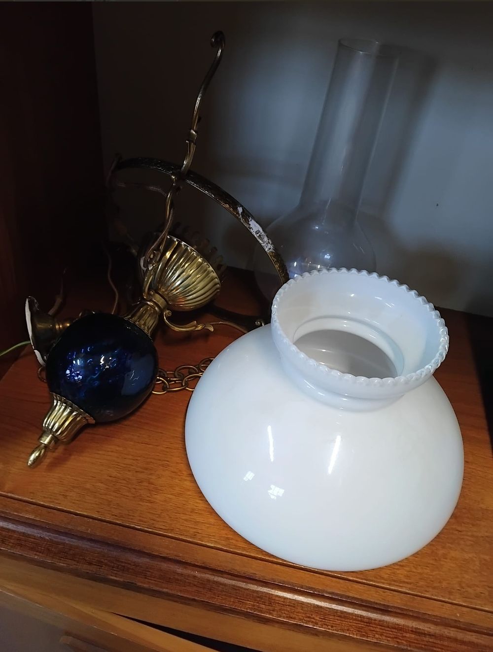 Lot 155 – Victorian Style Electric Pendant Ceiling Lamp with Cobalt Blue Glass Font and White Opal Shade