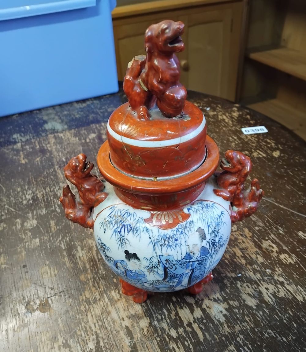 Lot 180 – Japanese Kutani Iron Red and Underglaze Blue Porcelain Lidded Tripod Koro